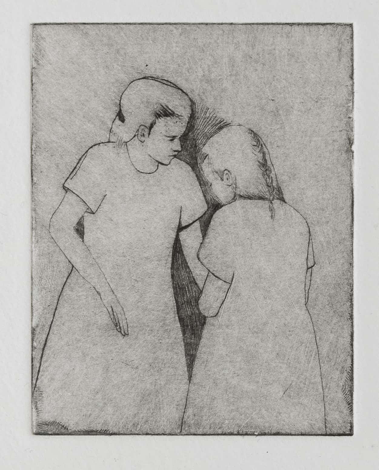 Close up of Catherine Repko's etching, Whispers. Huxley-Parlour Gallery.