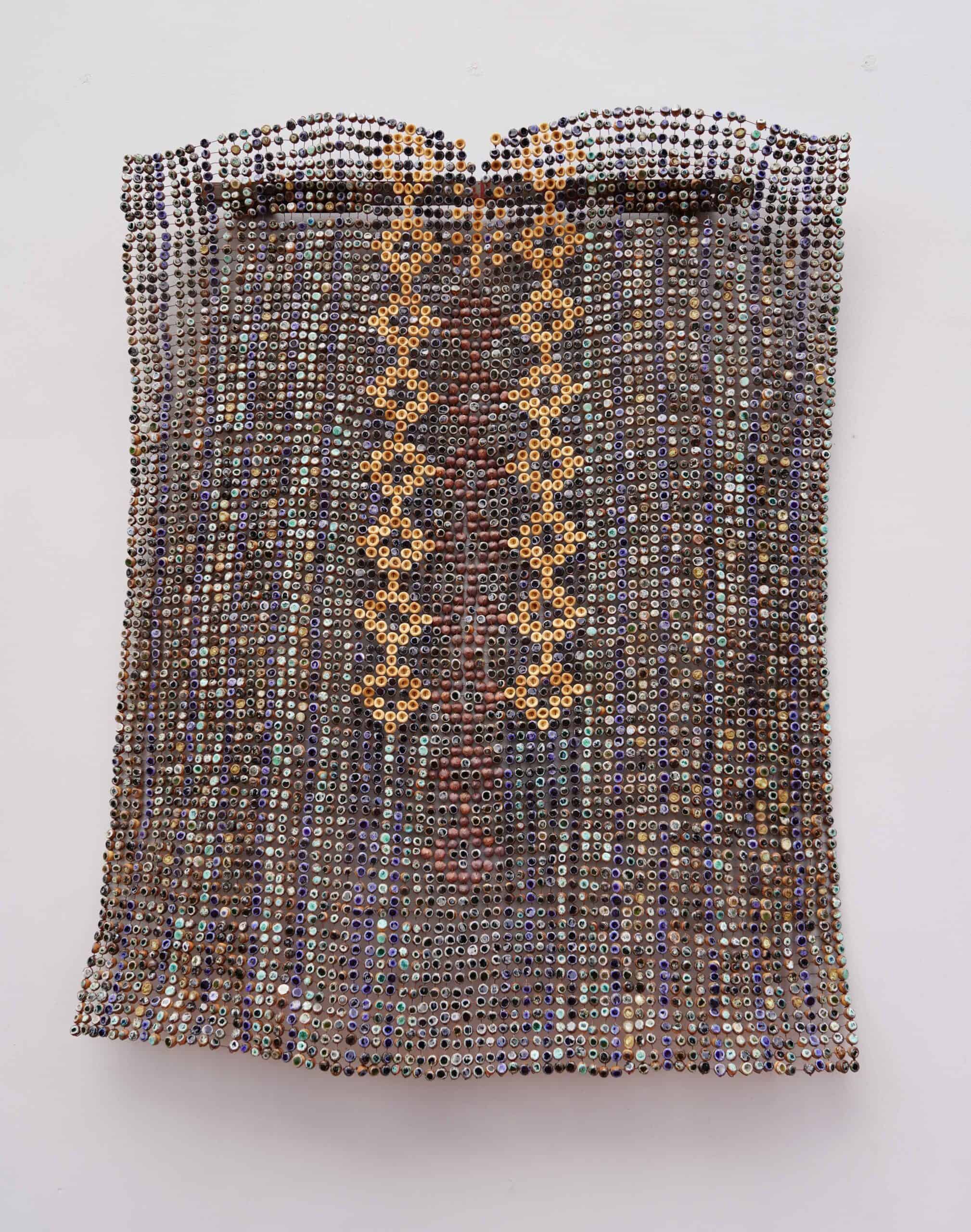 Ozioma Onuzulike, Royal Jumper with Embroidered Shine-Shine, 2023 Earthenware and stoneware clays, ash glazes, recycled glasses and copper wires, Miart 2024, Huxley-Parlour gallery