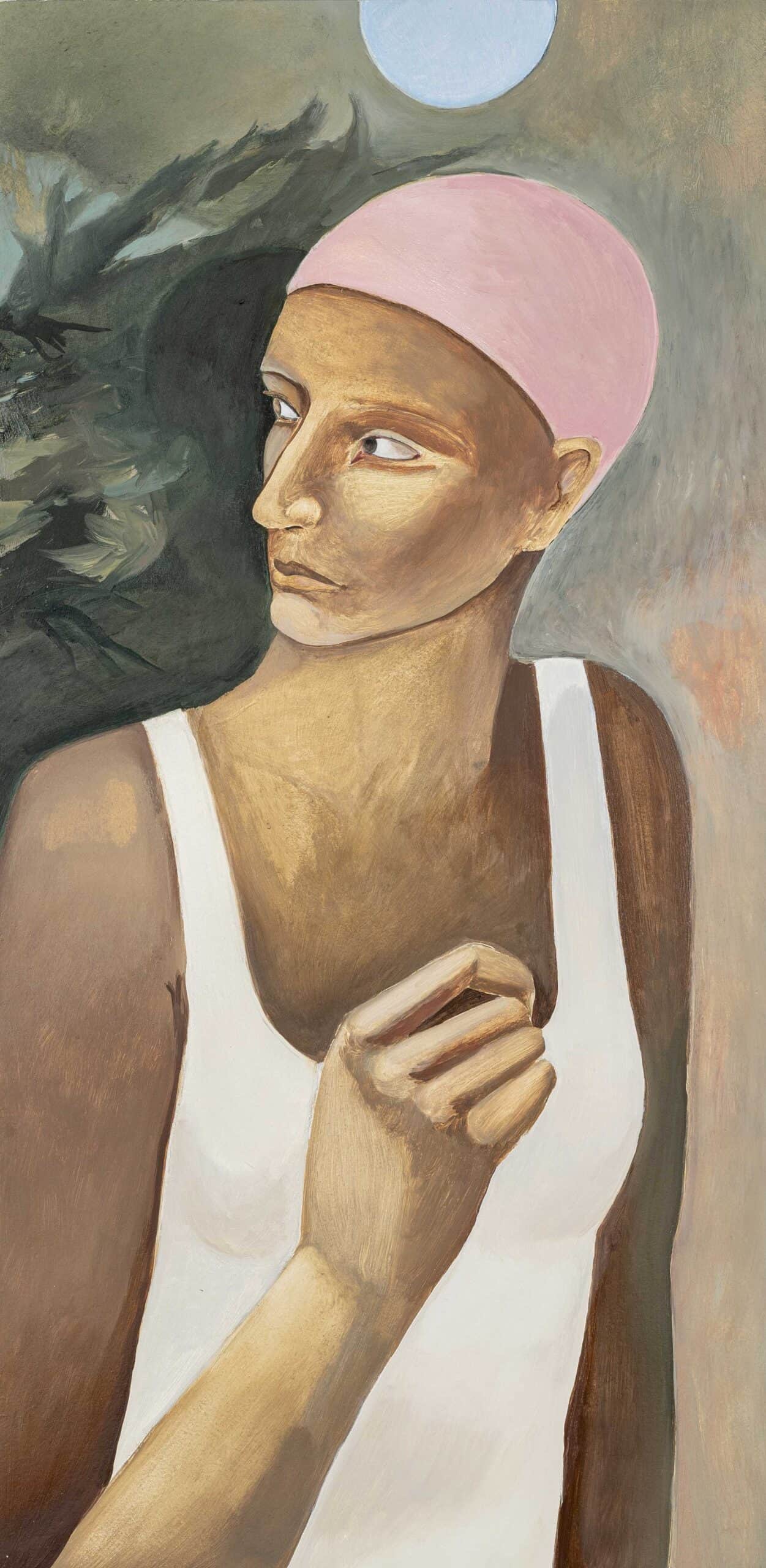 Raphael Barratt, Study of a Girl in Pink, 2024, oil on board, Miart, Huxley-Parlour gallery