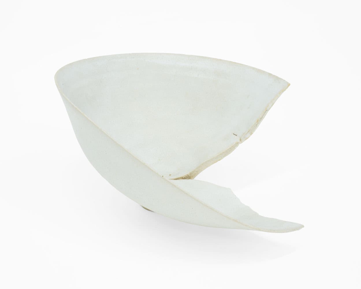 Lucie Rie, White Porcelain Bowl Split in Firing, c. 1978, Huxley-Parlour, 25.04–31.05.25