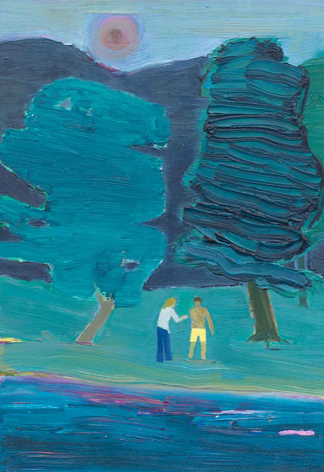 Tom Hammick, Two Figures Beside an Emerald Blue Lake, 2024