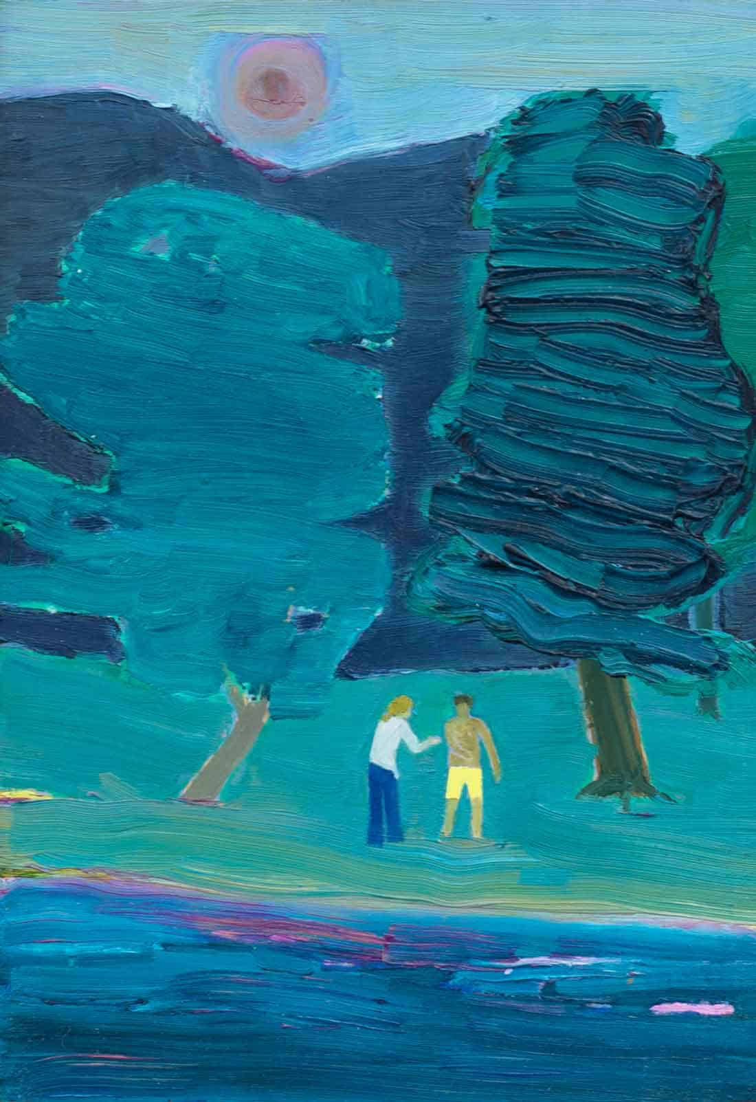 Tom Hammick, Two Figures Beside an Emerald Blue Lake, 2024