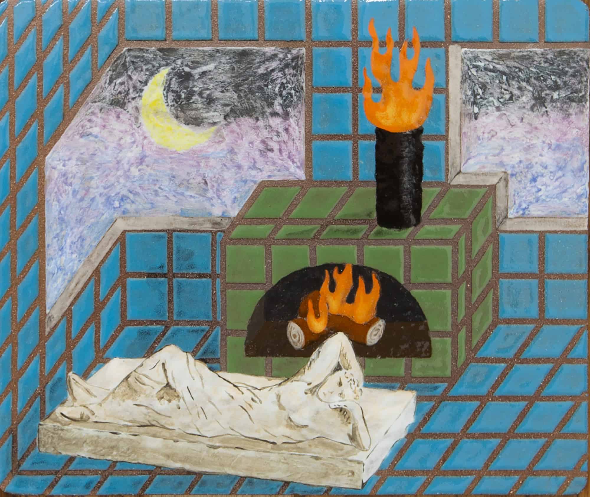 Gustav Hamilton, Where I am is home, 2026, Glazed ceramic, wood, 18 x 18 inches, Huxley-Parlour