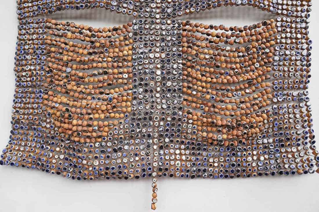 Ozioma Onuzulike, Royal Mask for the Jagaban III, 2023, Earthenware and stoneware clays, ash glaze, recycled glasses and copper wires, 70 x 54 1:2 x 4 inches, Huxley-Parlour