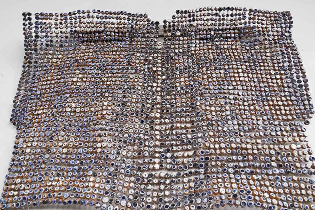 Ozioma Onuzulike, Royal Mask for the Jagaban III, 2023, Earthenware and stoneware clays, ash glaze, recycled glasses and copper wires, 70 x 54 1:2 x 4 inches, Huxley-Parlour