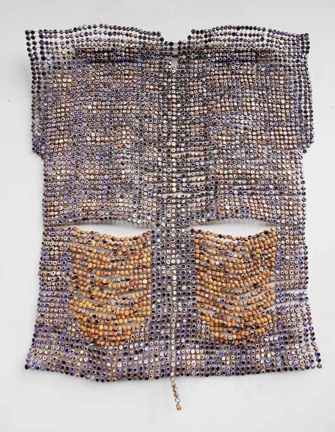 Ozioma Onuzulike, Royal Mask for the Jagaban III, 2023, Earthenware and stoneware clays, ash glaze, recycled glasses and copper wires, 70 x 54 1:2 x 4 inches, Huxley-Parlour