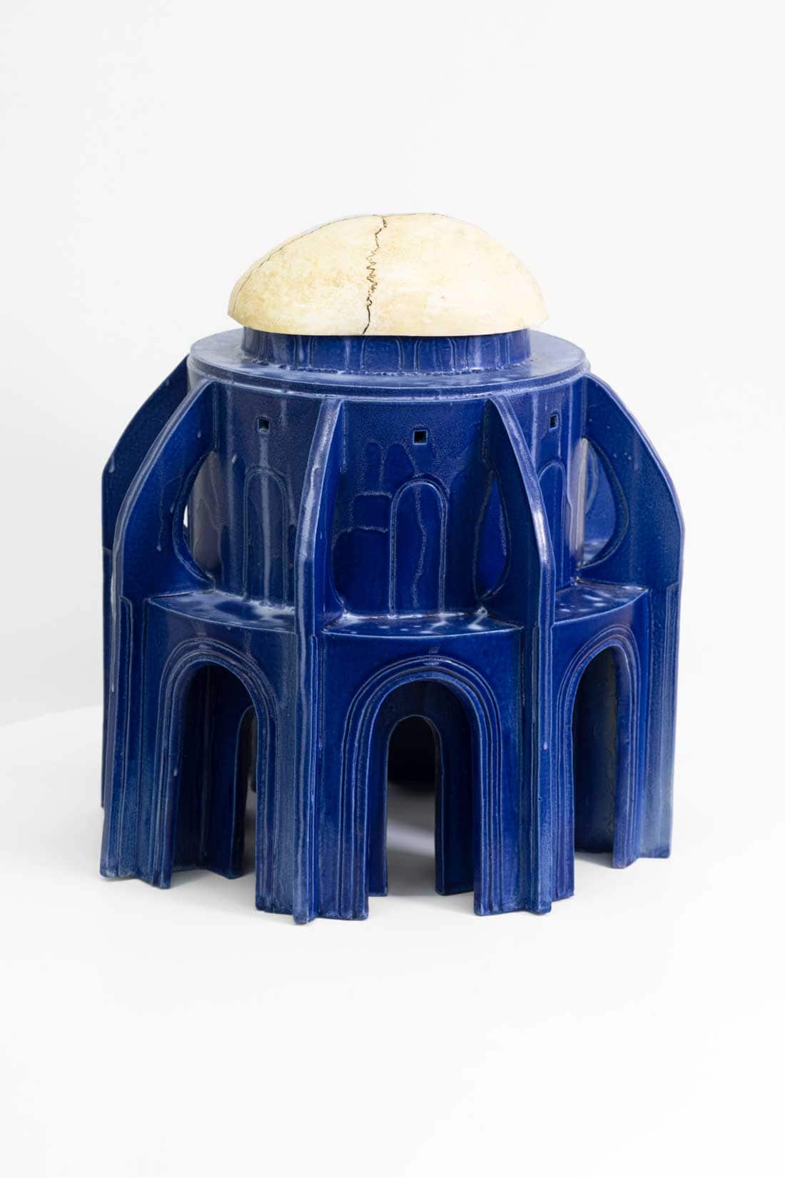 Shahpour Pouyan, Untitled (Flying Wall), 2021, Glazed ceramic and skull made in a cast resin, acrylic paint on top, 14 x 12 x 12 inches, Huxley-Parlour