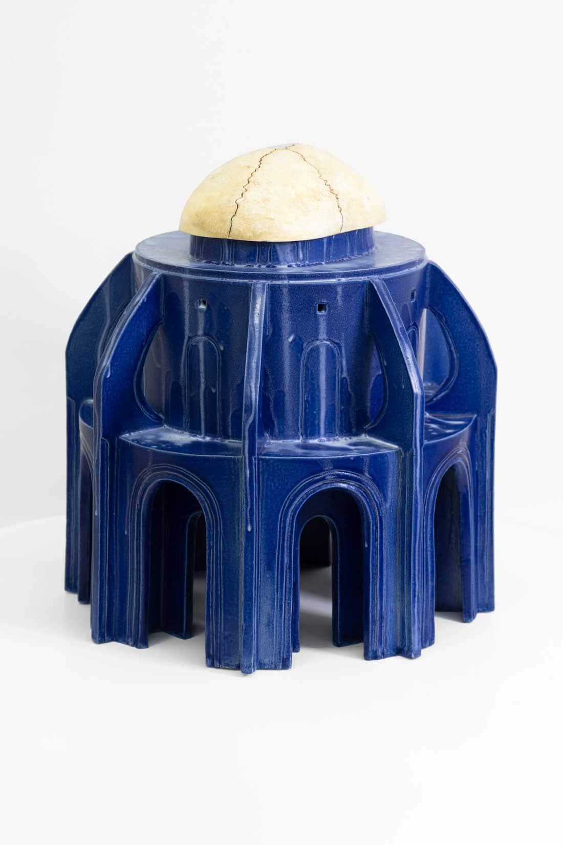 Shahpour Pouyan, Untitled (Flying Wall), 2021, Glazed ceramic and skull made in a cast resin, acrylic paint on top, 14 x 12 x 12 inches, Huxley-Parlour