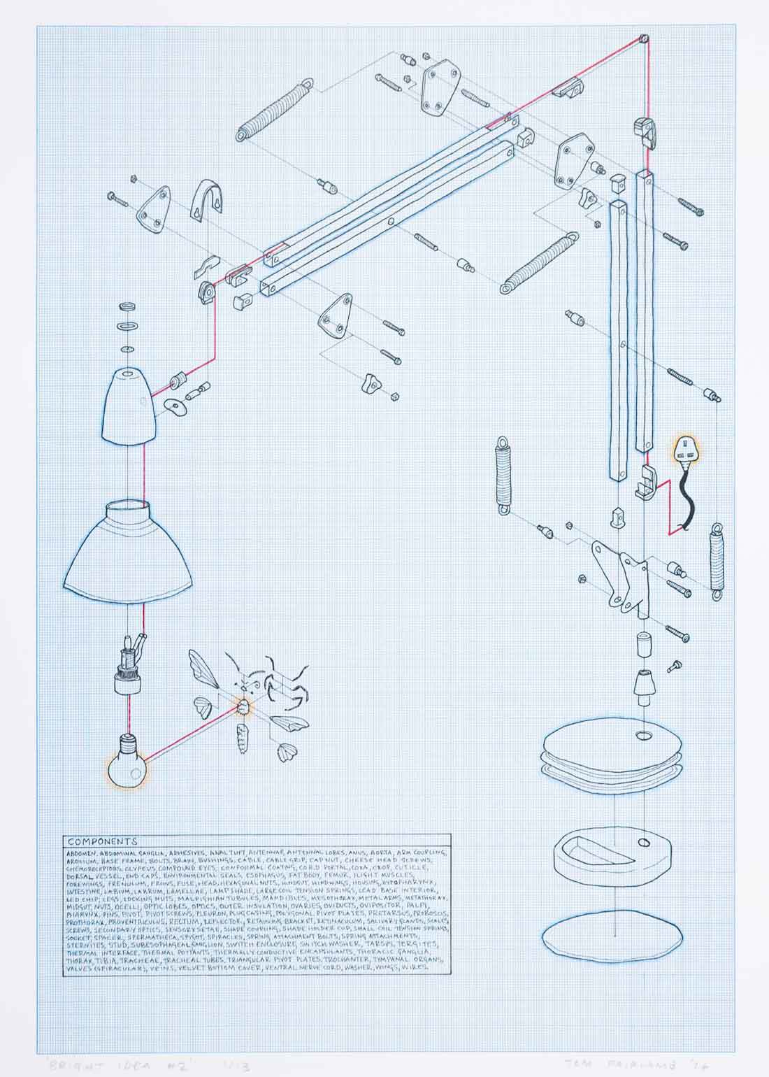 Tom Fairlamb, Bright Idea #2, 2026, Pen and pencil on graph paper, 11 3:4 x 16 1:2 inches