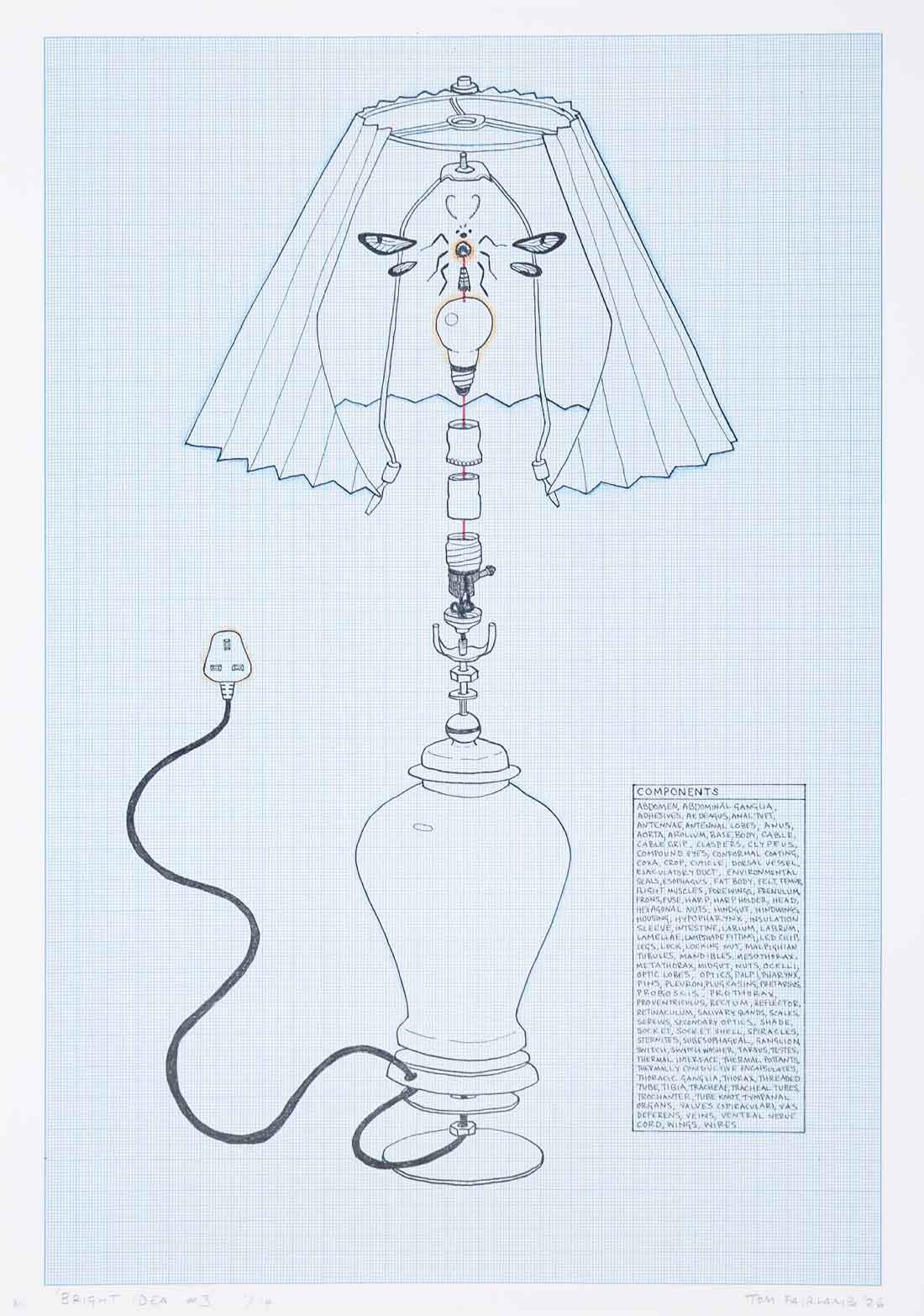 Tom Fairlamb, Bright Idea #3, 2026, Pen and pencil on graph paper, 11 3:4 x 16 1:2 inches