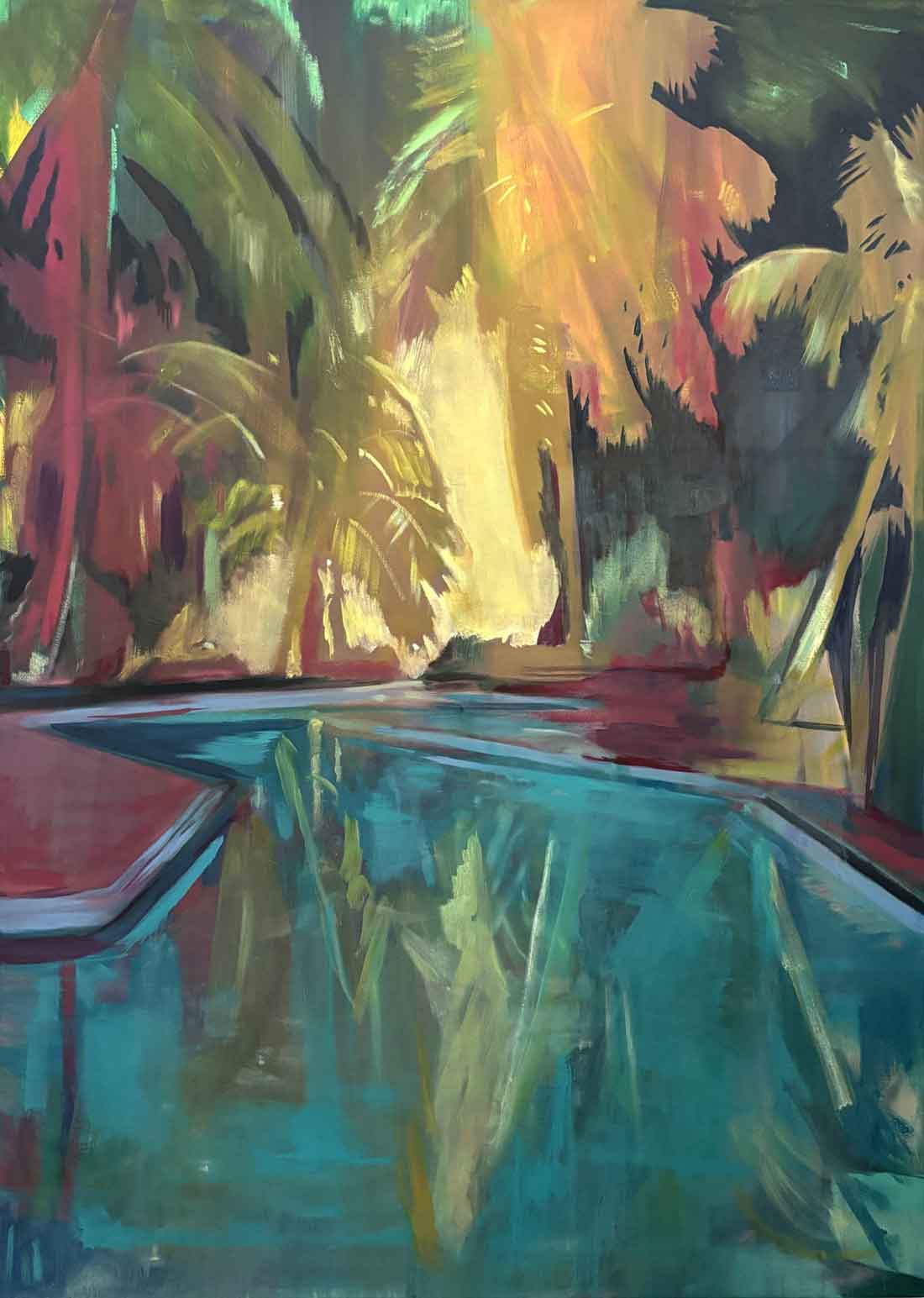 Painting of golden palms above water.