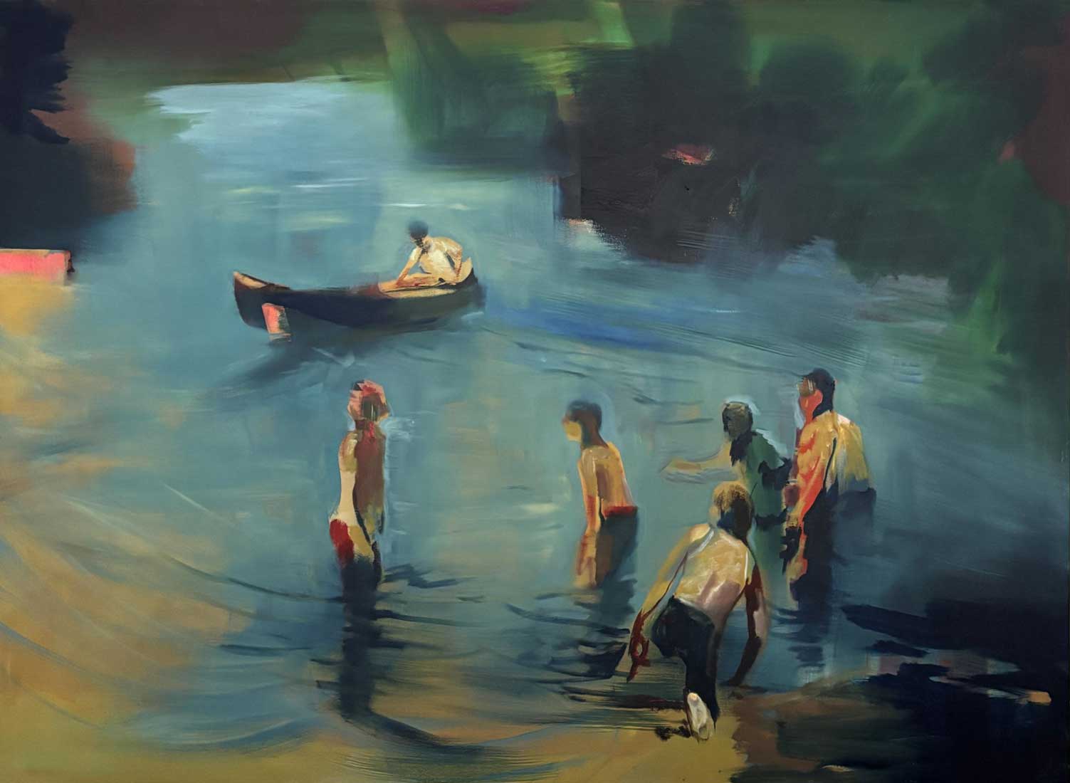 Painting of a boat and people wading in a river.