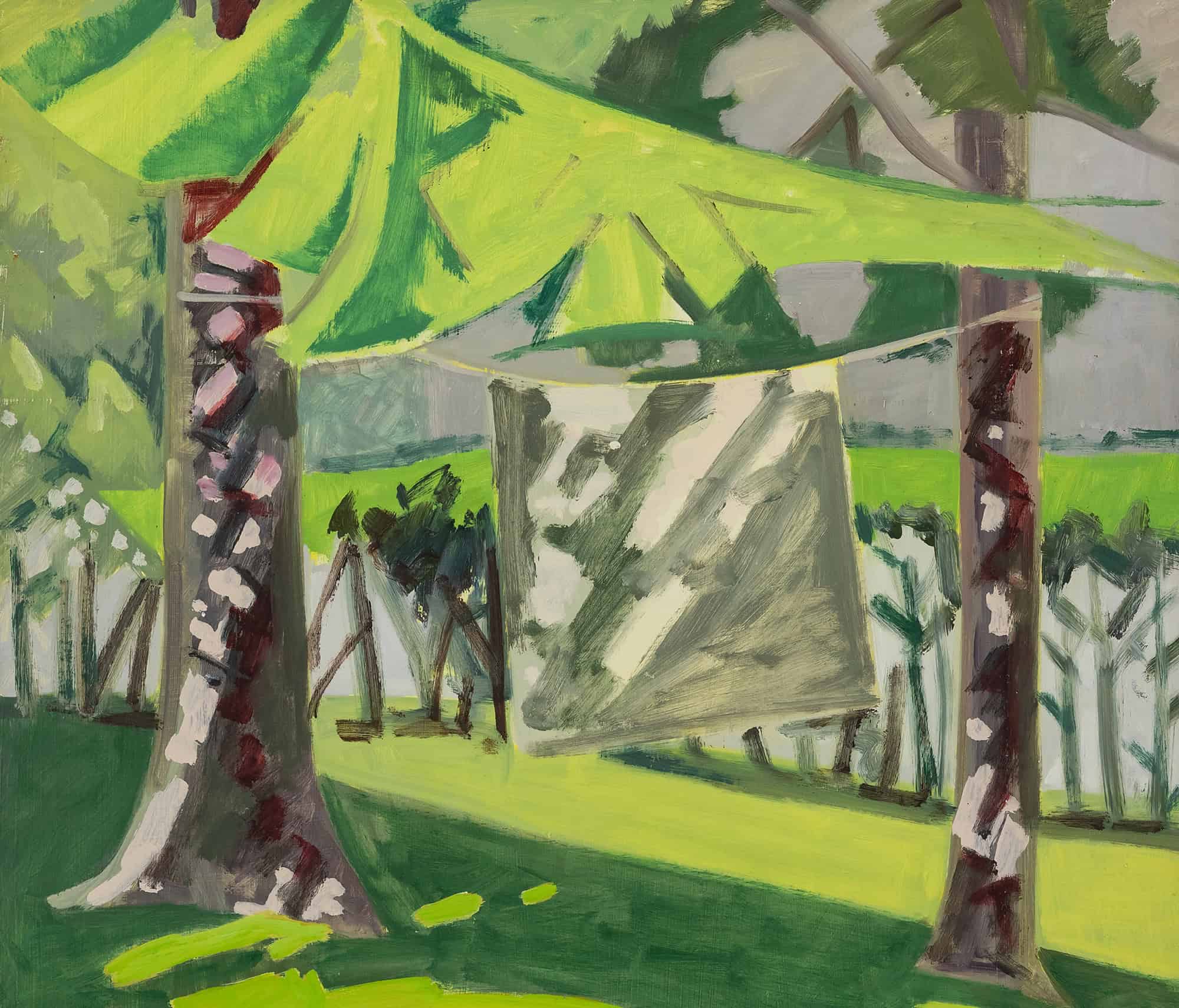 banner image, Lois Dodd, Blanket Between Two Spruce, 1980