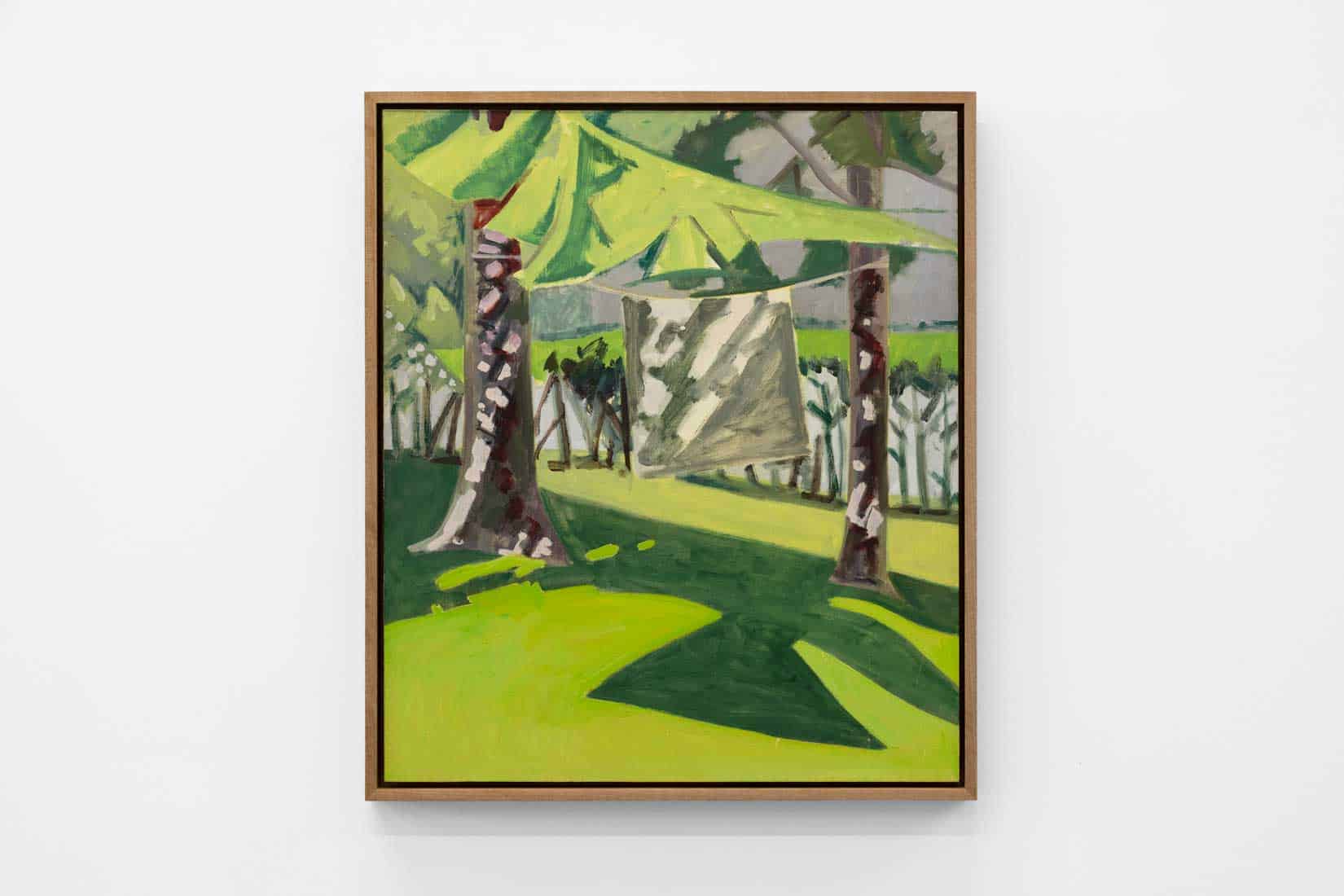 Lois Dodd, Blanket Between Two Spruce, 1980, Oil on masonite, Huxley-Parlour