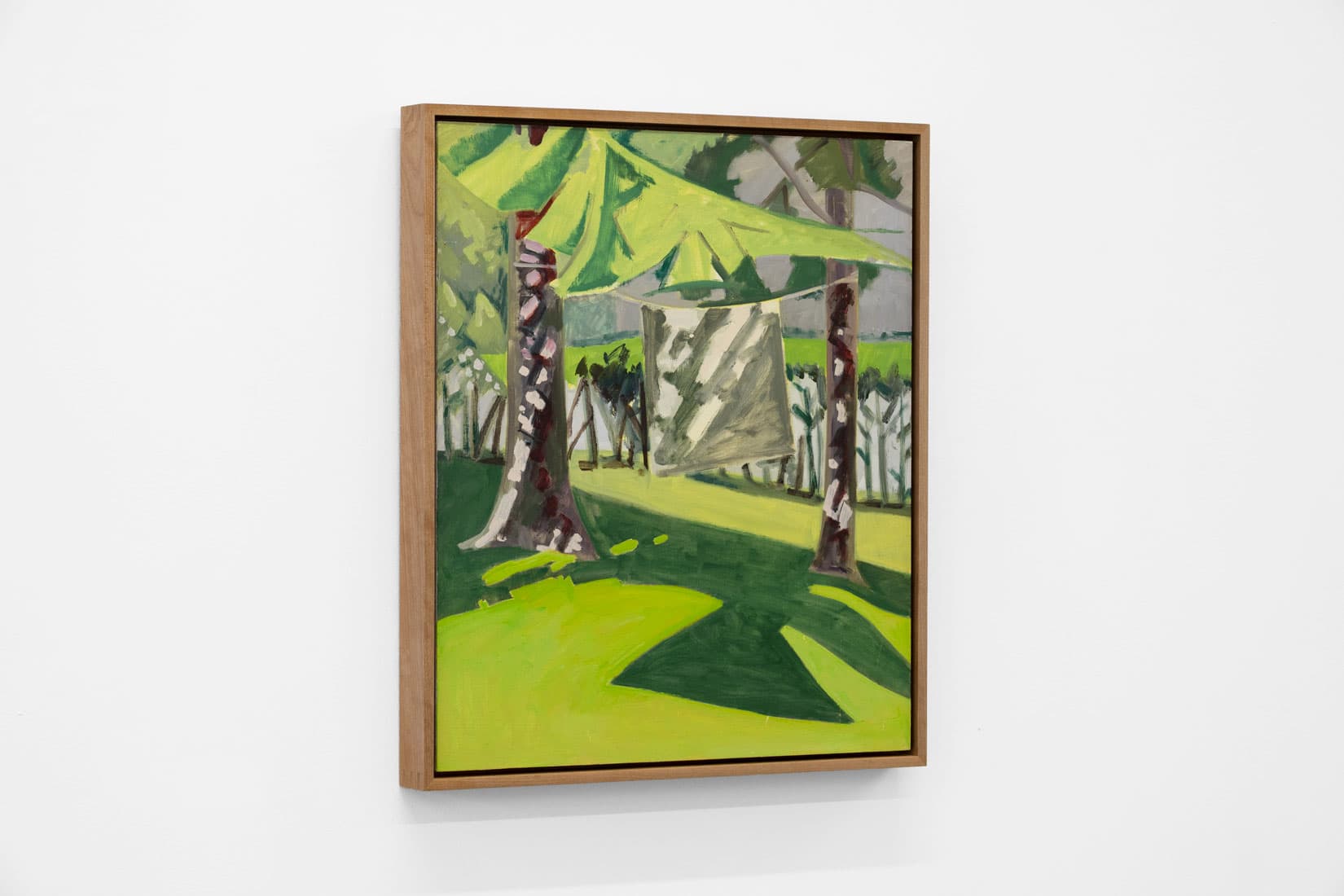 Lois Dodd, Blanket Between Two Spruce, 1980, Oil on masonite, Huxley-Parlour