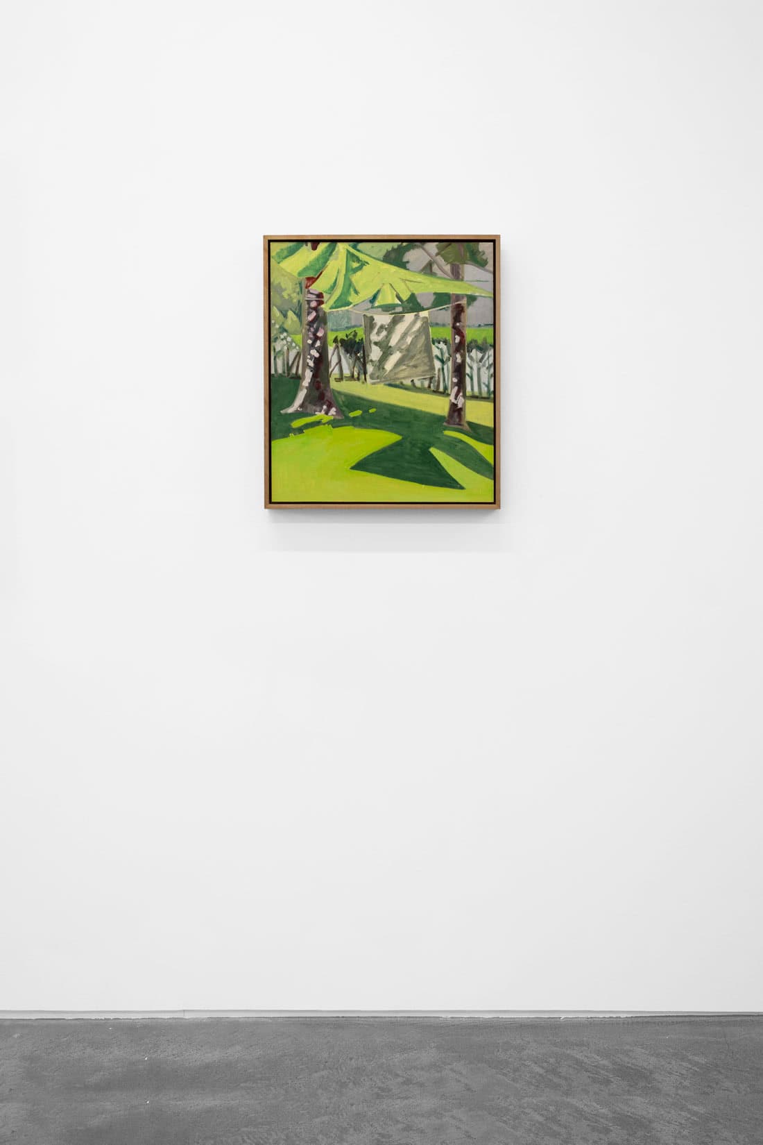 Lois Dodd, Blanket Between Two Spruce, 1980, Oil on masonite, Huxley-Parlour