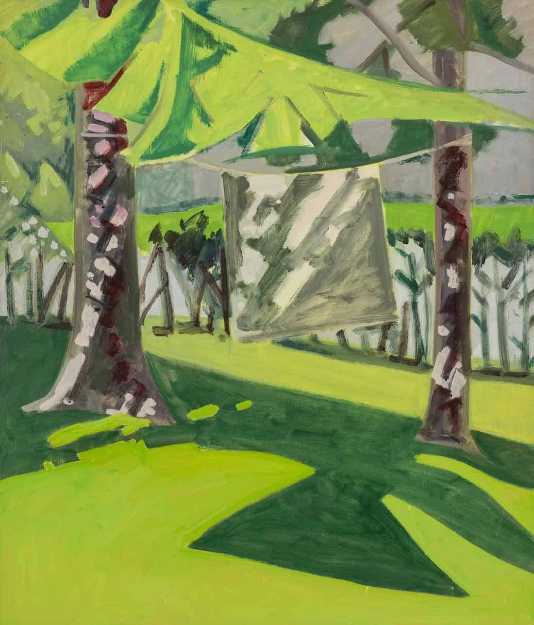 Lois-Dodd,-Blanket-Between-Two-Spruce,-1980