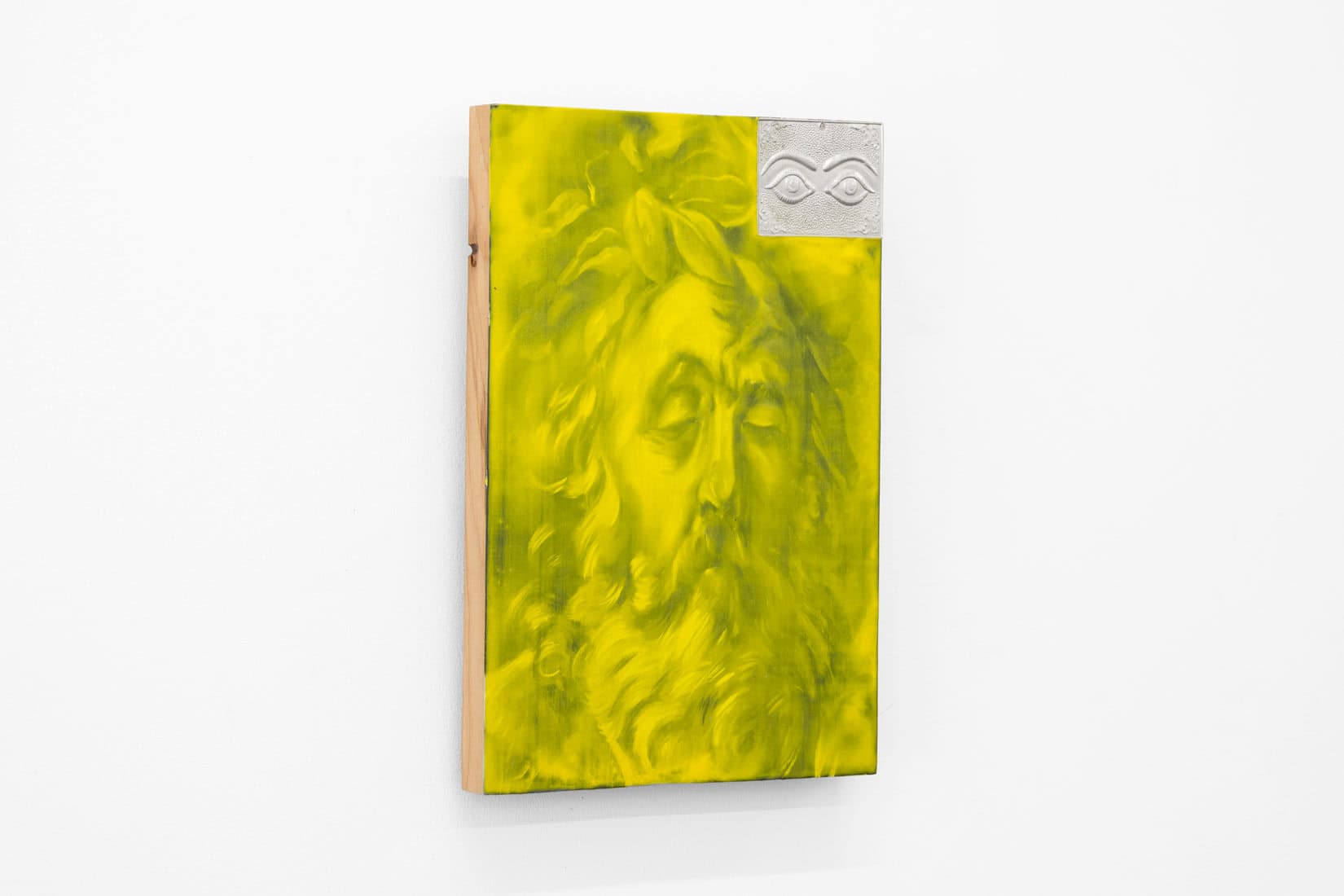 Ugo Sebastiao, Old Bacchus, 2025, Oil, gesso, encaustic and tin foil on wood, Huxley-Parlour