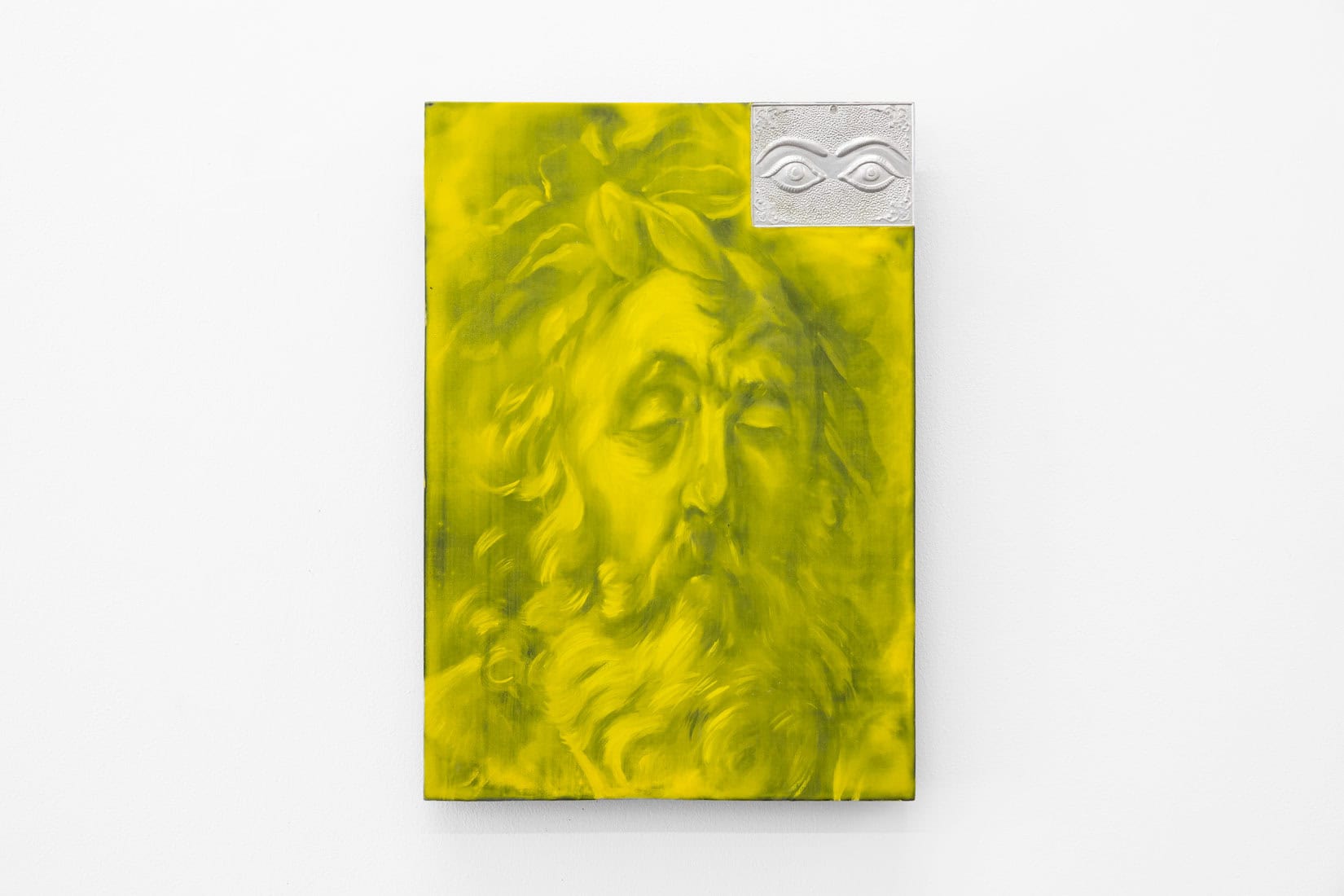 Ugo Sebastiao, Old Bacchus, 2025, Oil, gesso, encaustic and tin foil on wood, Huxley-Parlour