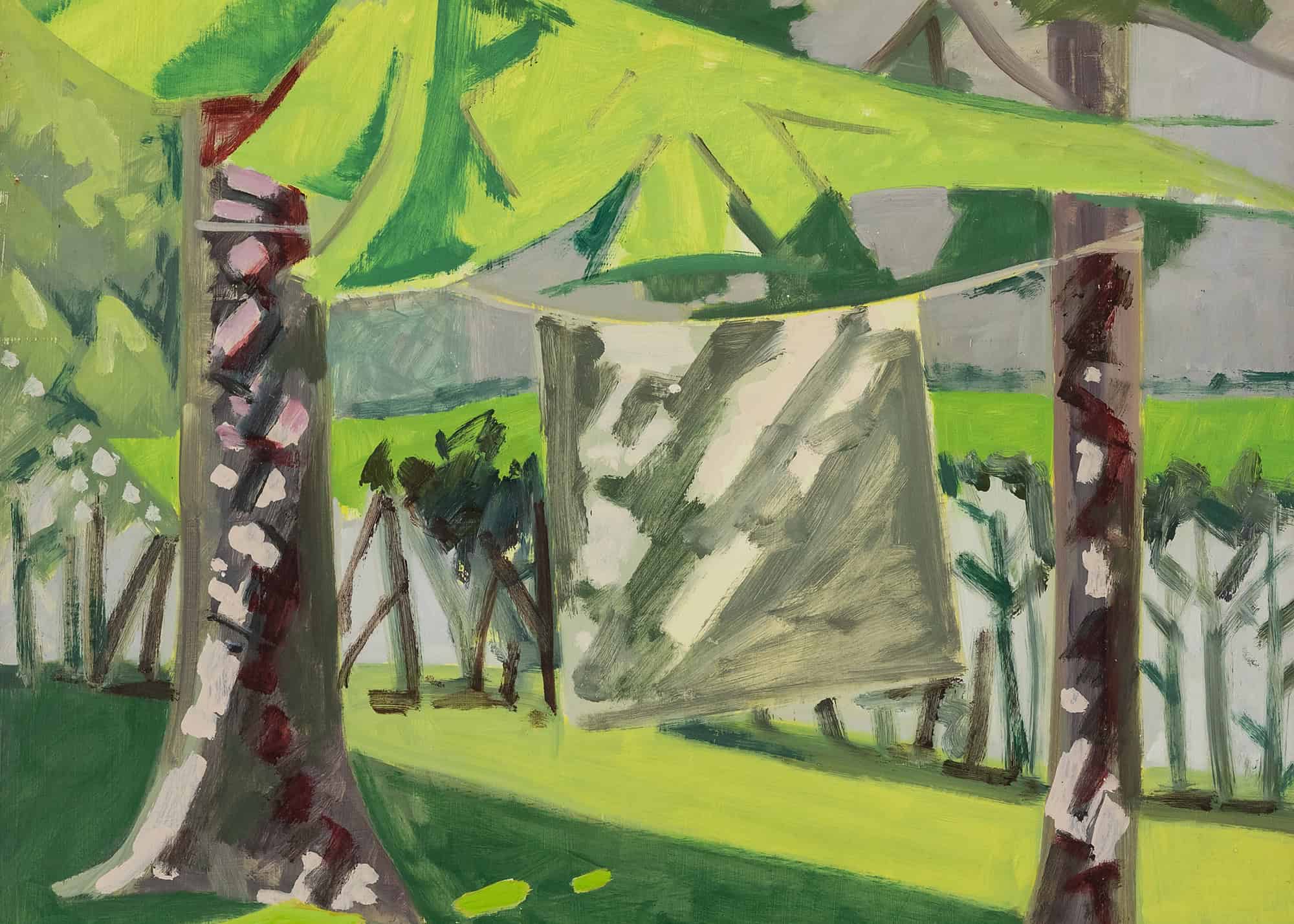 banner Lois Dodd, Blanket Between Two Spruce, 1980