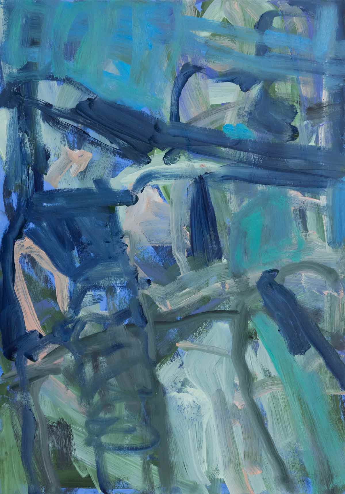 Abstract painting of green and blue gestural brushstrokes.