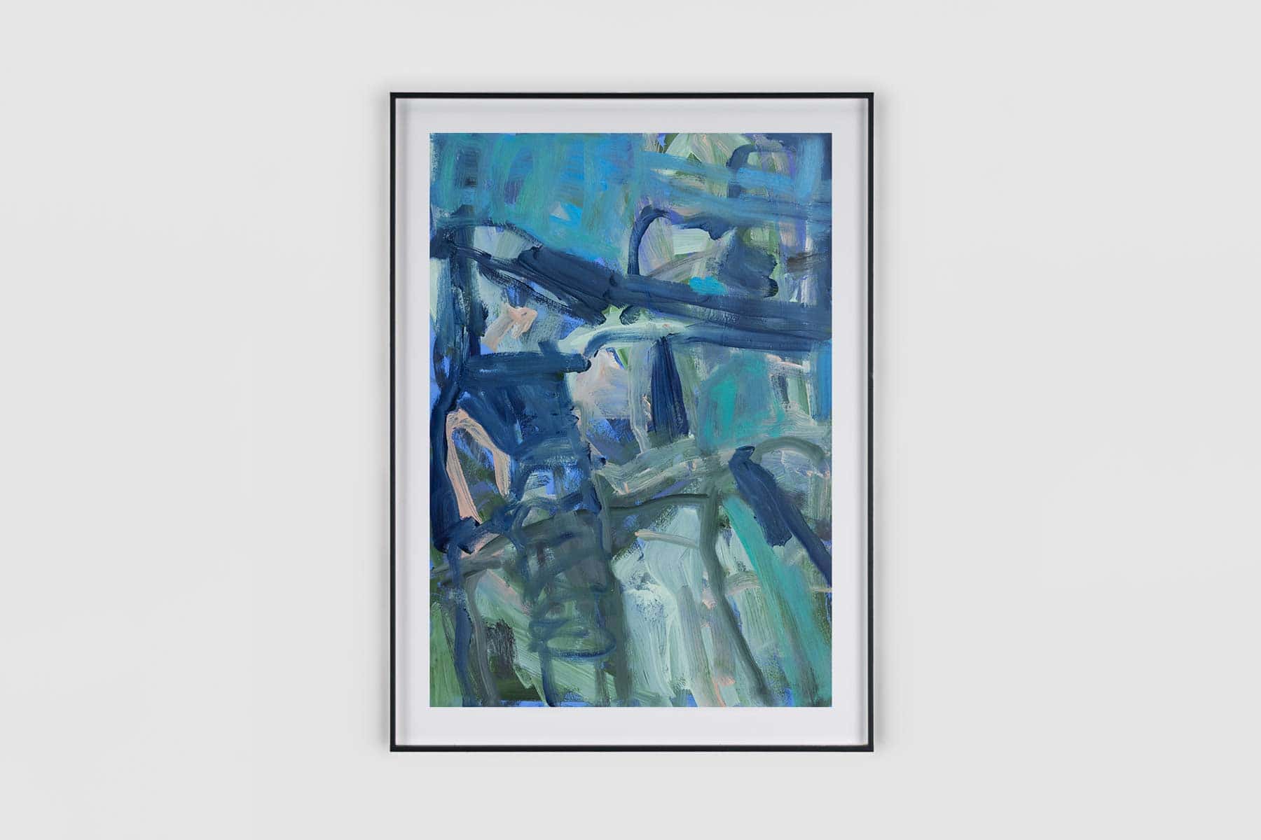 Abstract painting of green and blue gestural brushstrokes.
