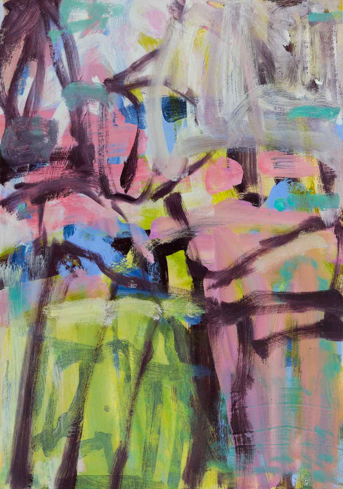 Abstract painting of green, purple and pink gestural brushstrokes.