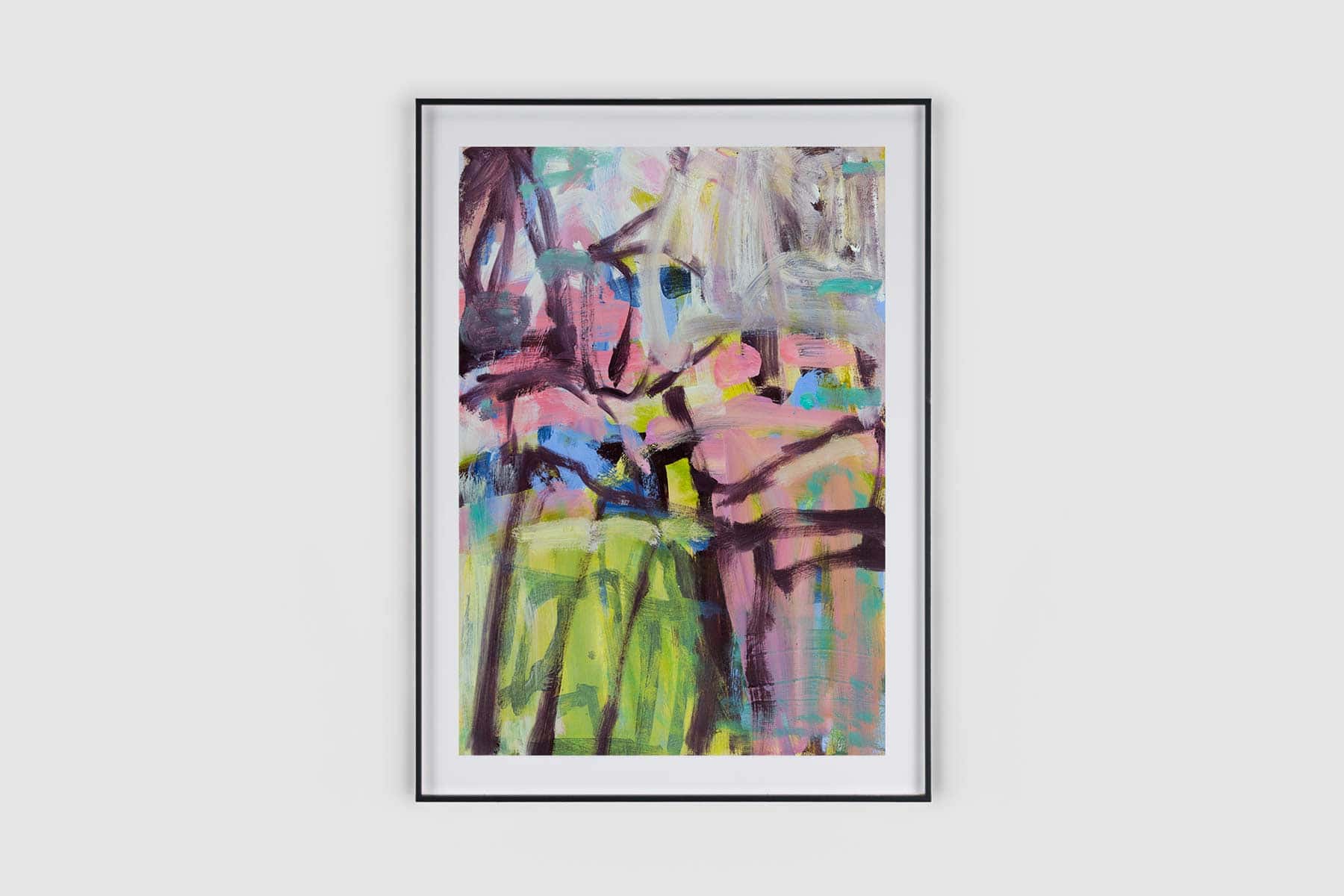 Abstract painting of green, purple and pink gestural brushstrokes.