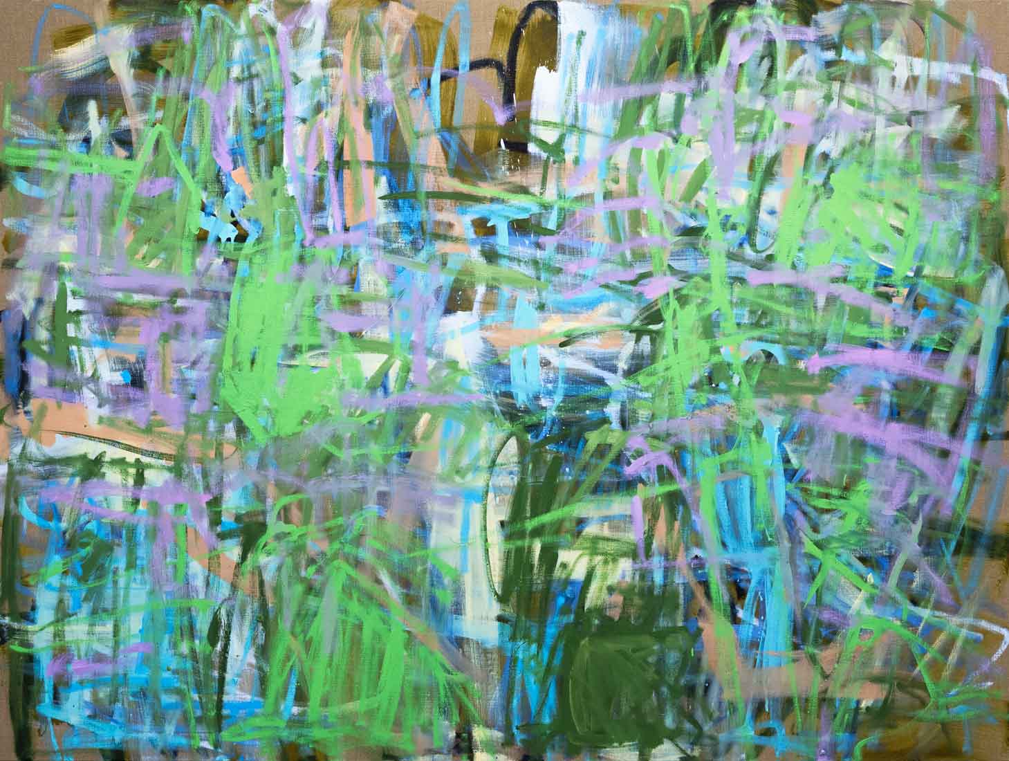 Abstract painting of green, purple and blue gestural brushstrokes.