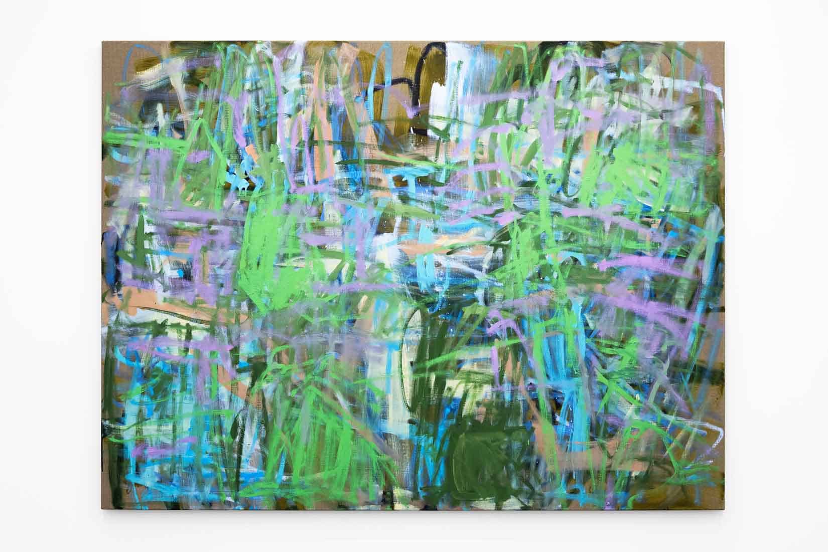 Abstract painting of green, purple and blue gestural brushstrokes.