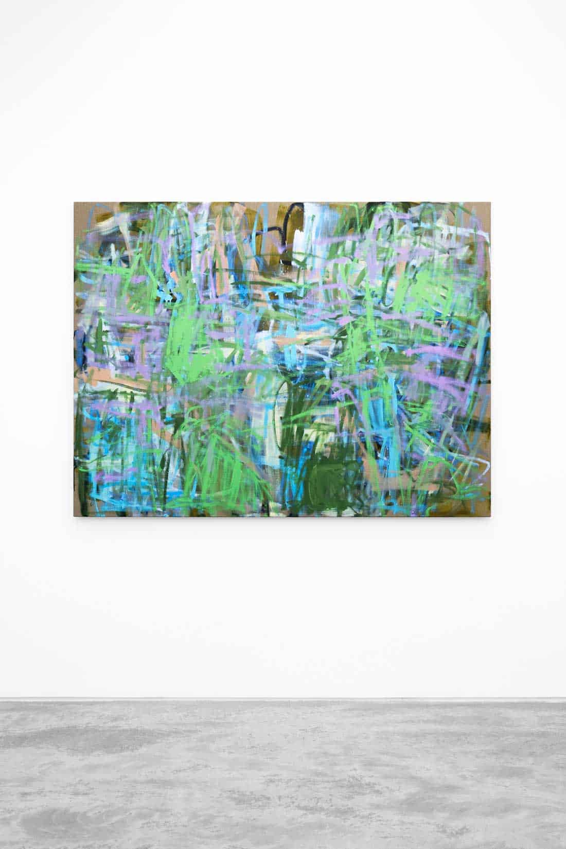 Abstract painting of green, purple and blue gestural brushstrokes.