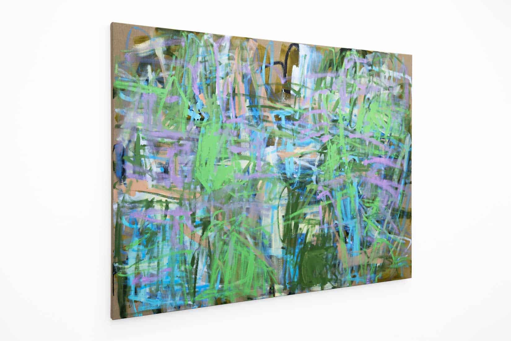 Abstract painting of green, purple and blue gestural brushstrokes.