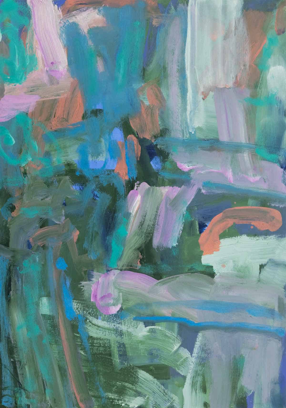 Abstract painting of green, pink and blue gestural brushstrokes.