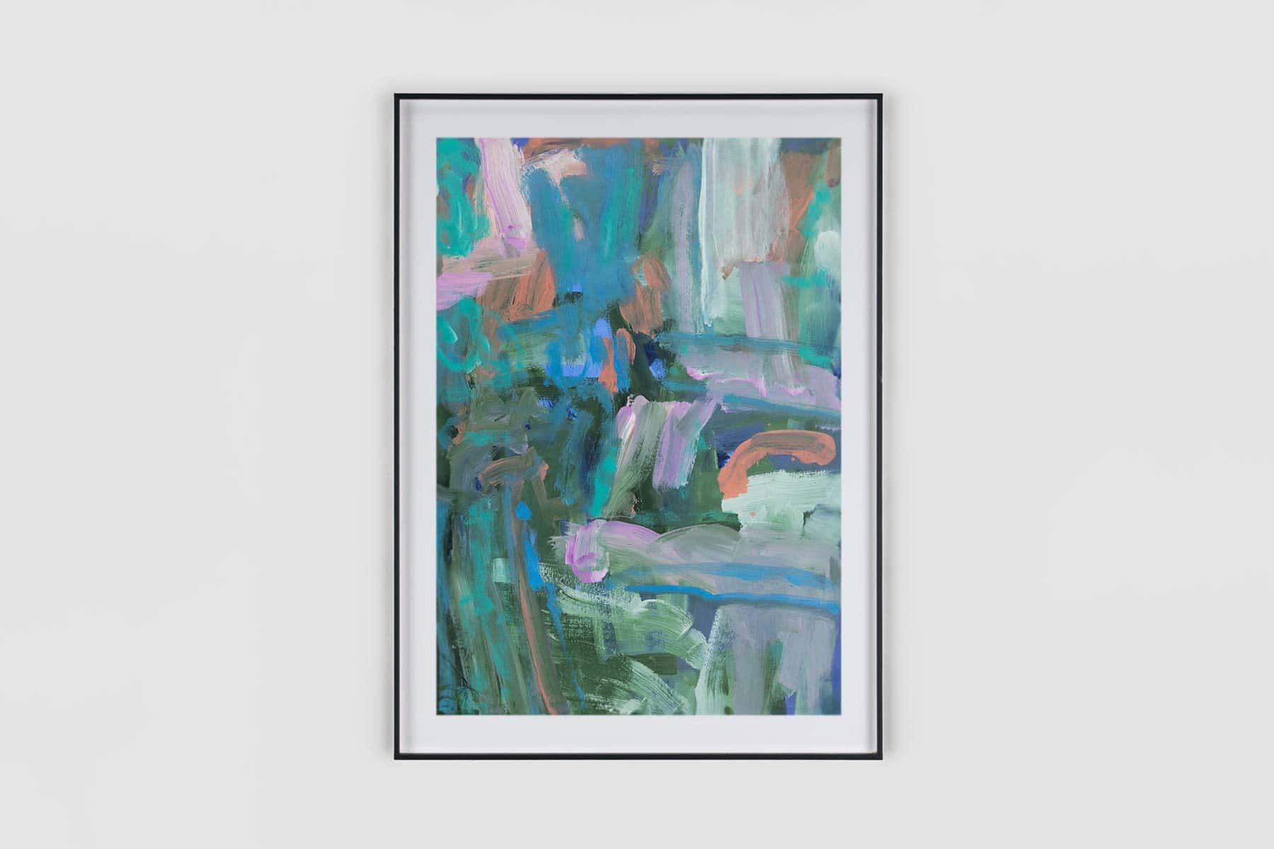 Abstract painting of green, pink and blue gestural brushstrokes.