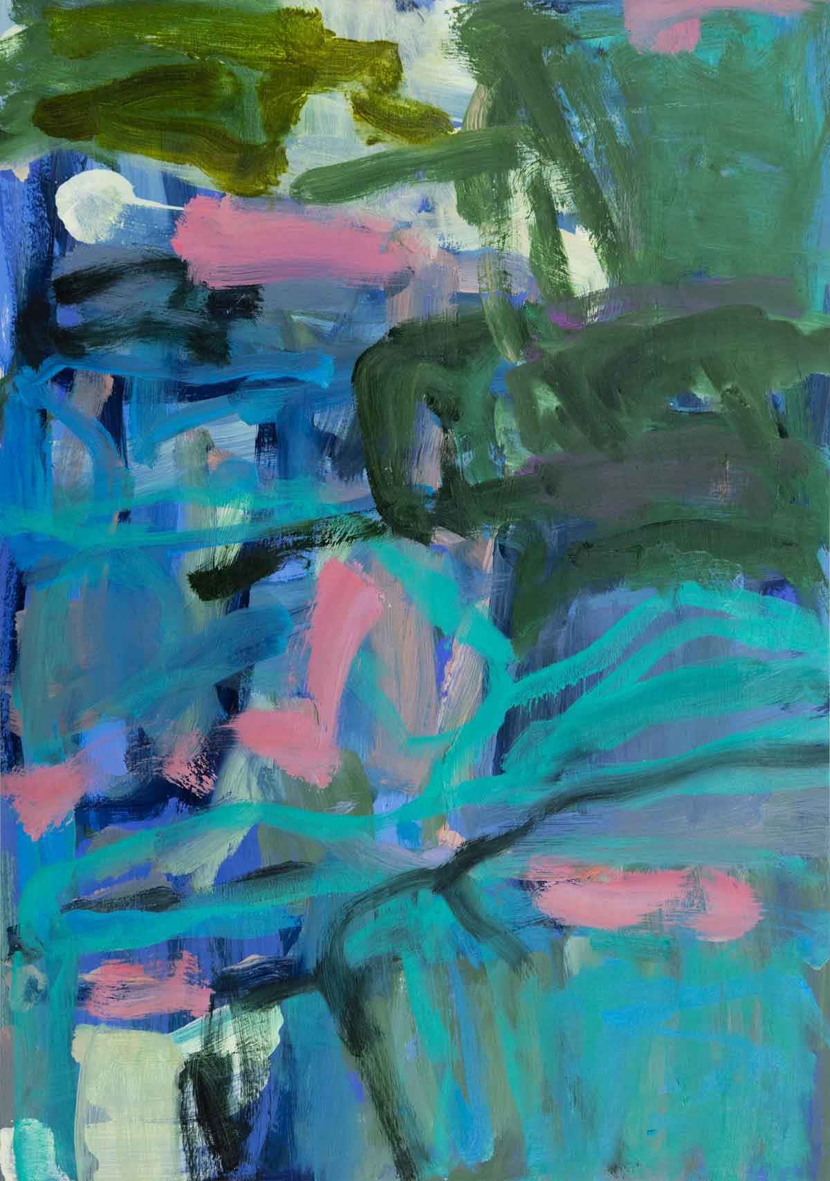 Abstract painting of green, pink and blue gestural brushstrokes.
