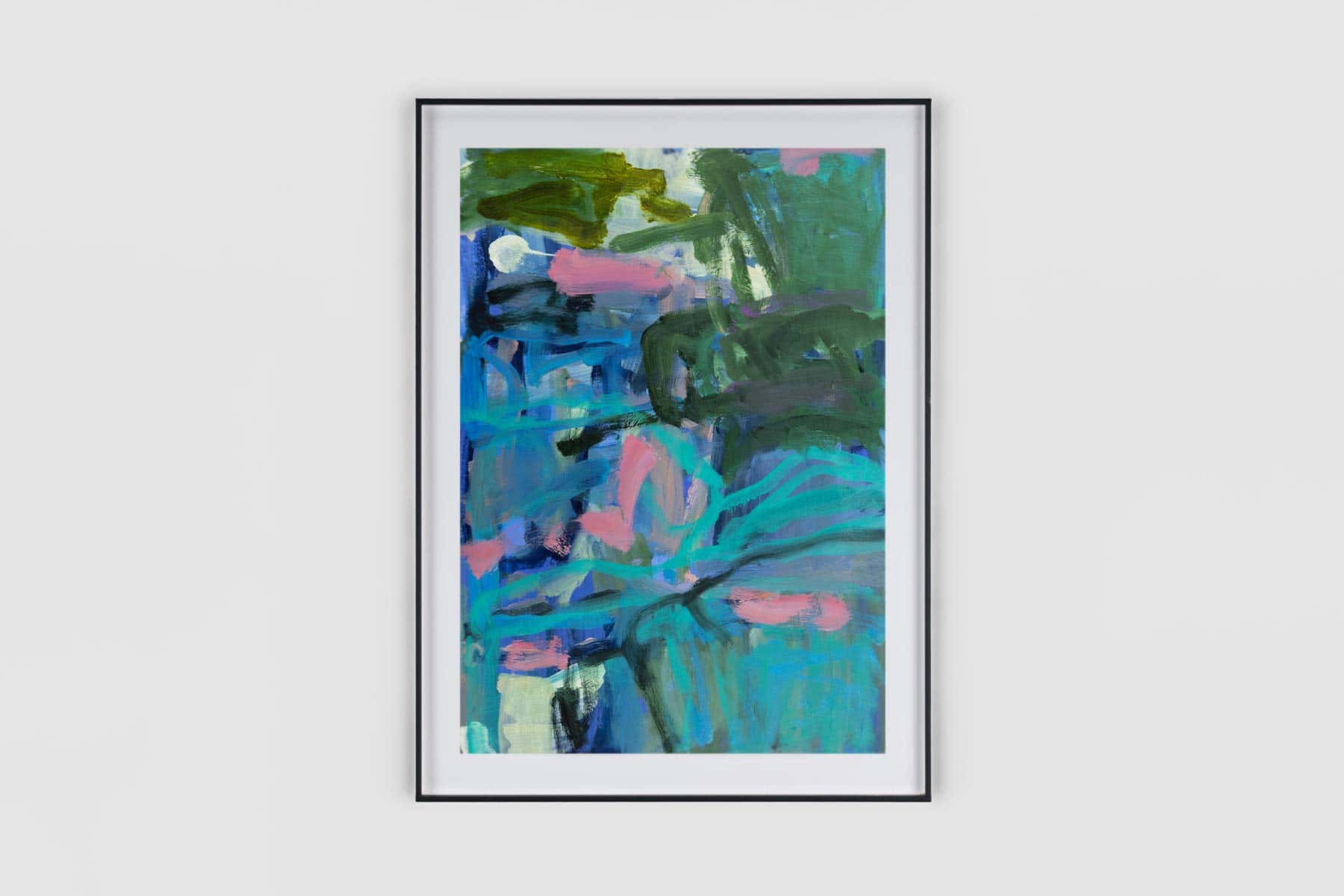 Abstract painting of green, pink and blue gestural brushstrokes.