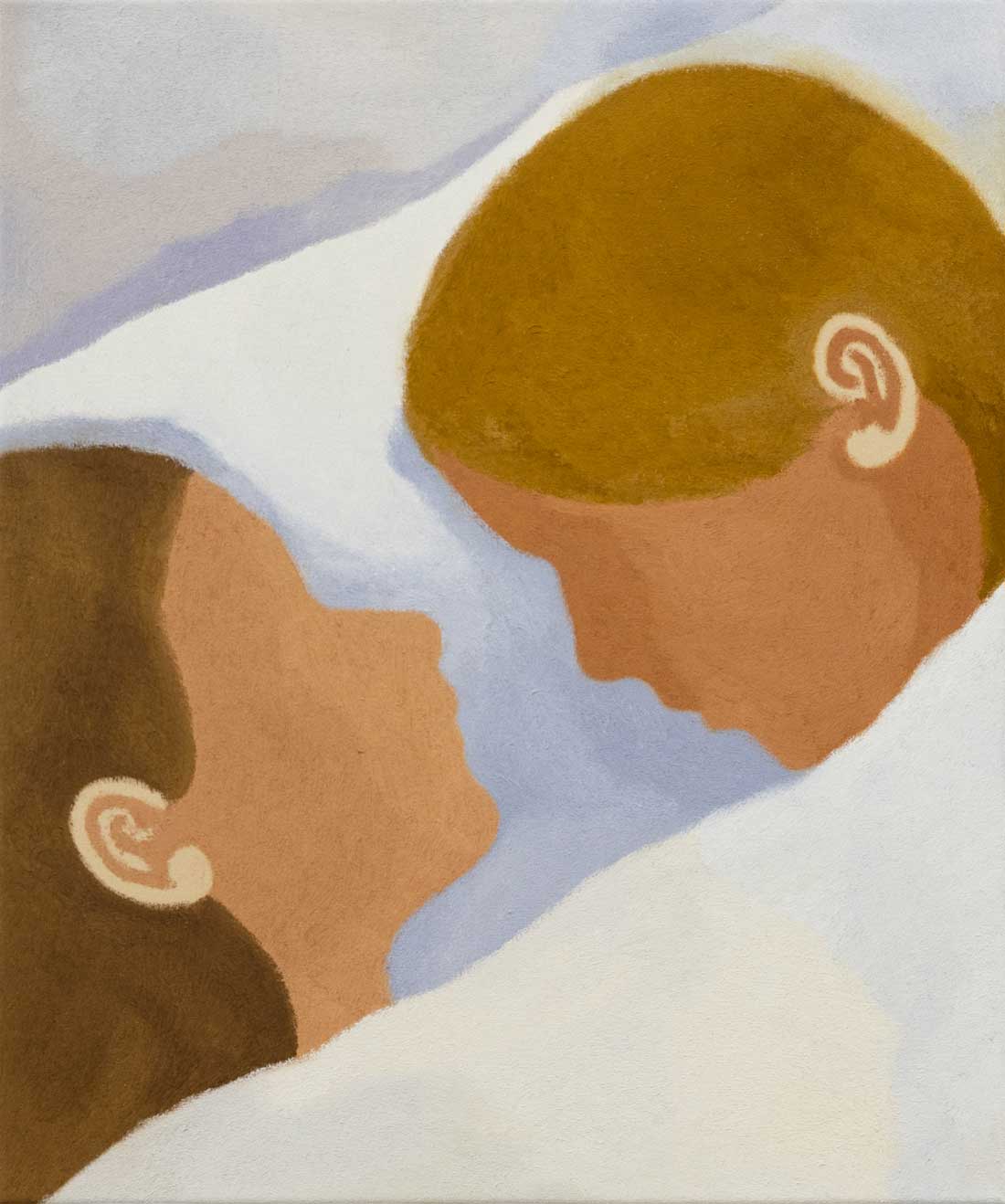 Abstracted painting of two women's side profiles in cool tones.
