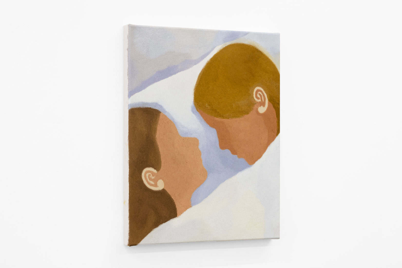 Abstracted painting of two women's side profiles in cool tones.