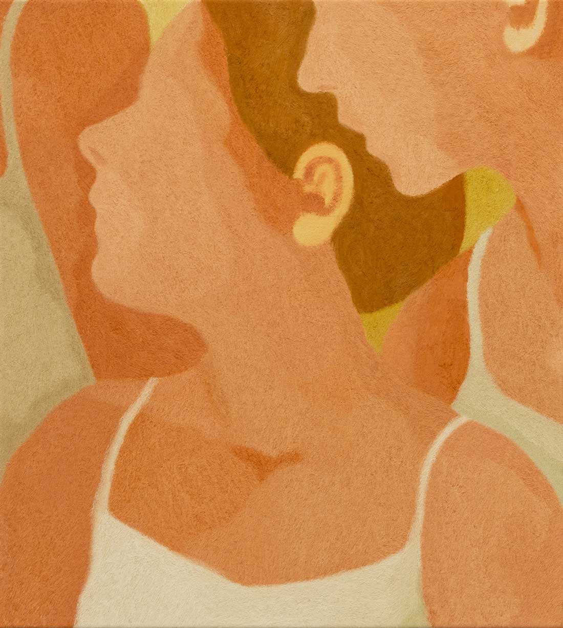 Abstracted painting of two women's side profiles in warm tones.