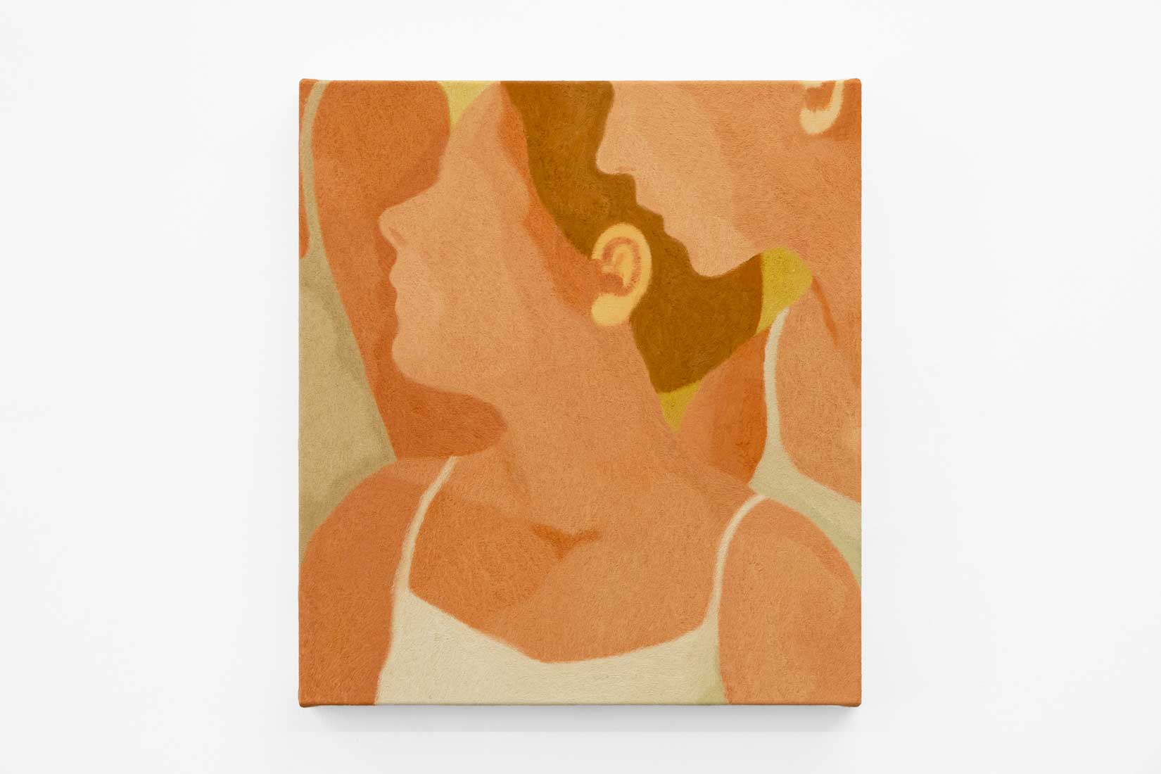Abstracted painting of two women's side profiles in warm tones.
