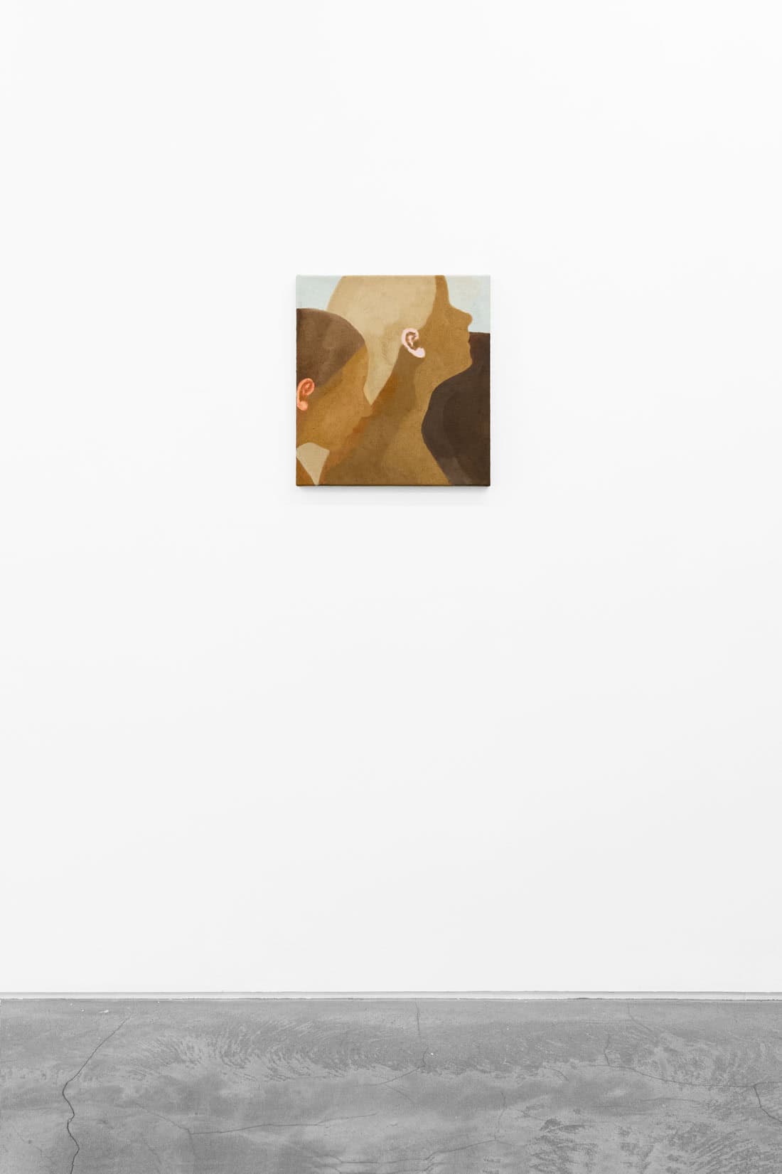 Abstracted painting of two women's side profiles in blue and brown.