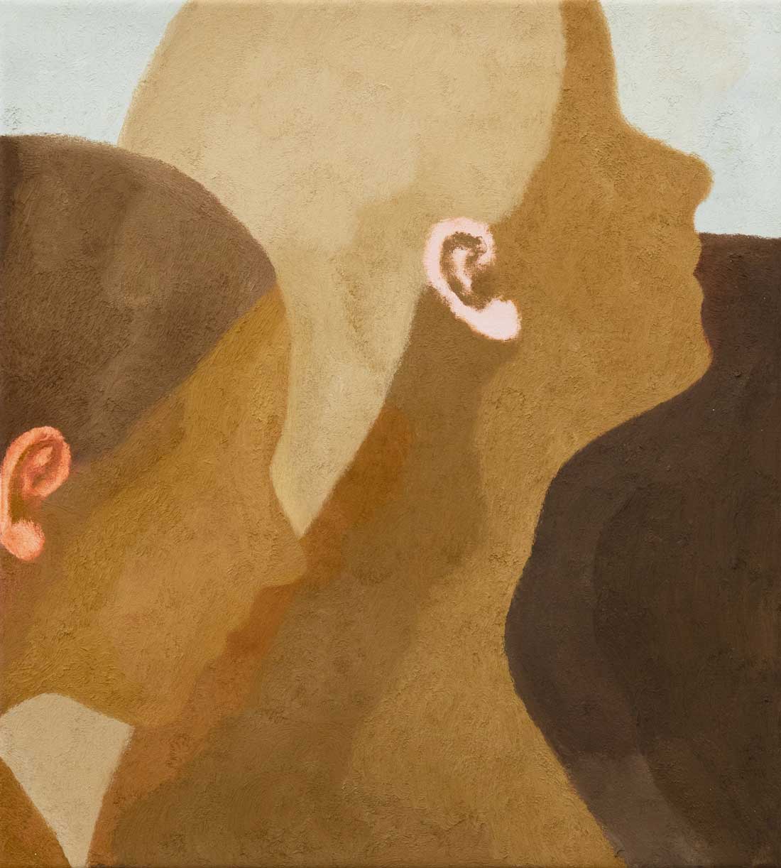 Abstracted painting of two women's side profiles in blue and brown.