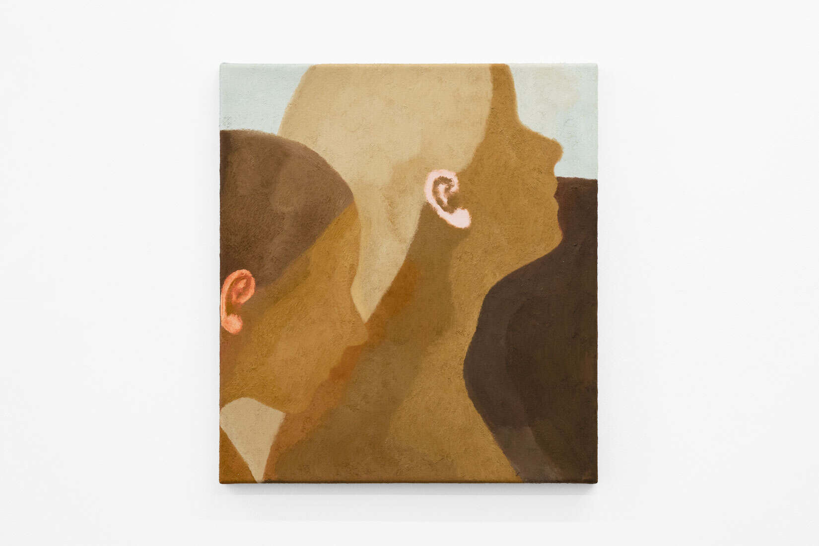 Abstracted painting of two women's side profiles in blue and brown.