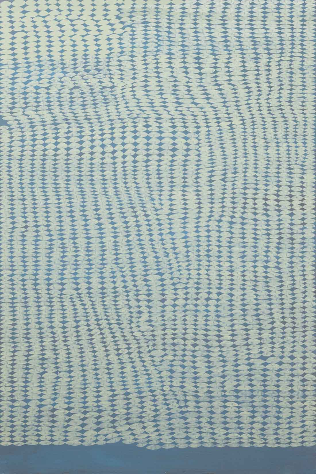 Abstract painting with a dark blue background and light blue pattern.