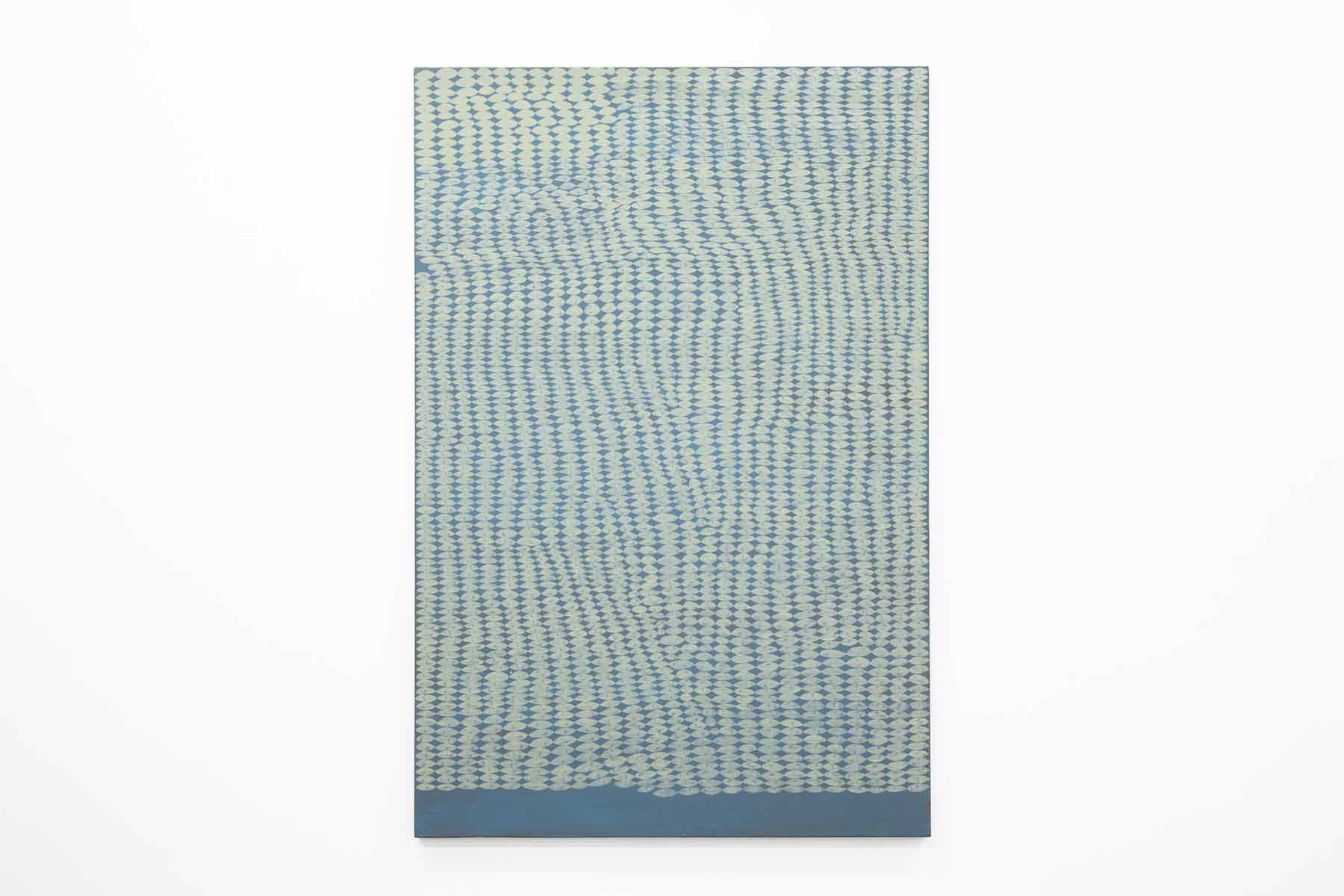 Abstract painting with a dark blue background and light blue pattern.