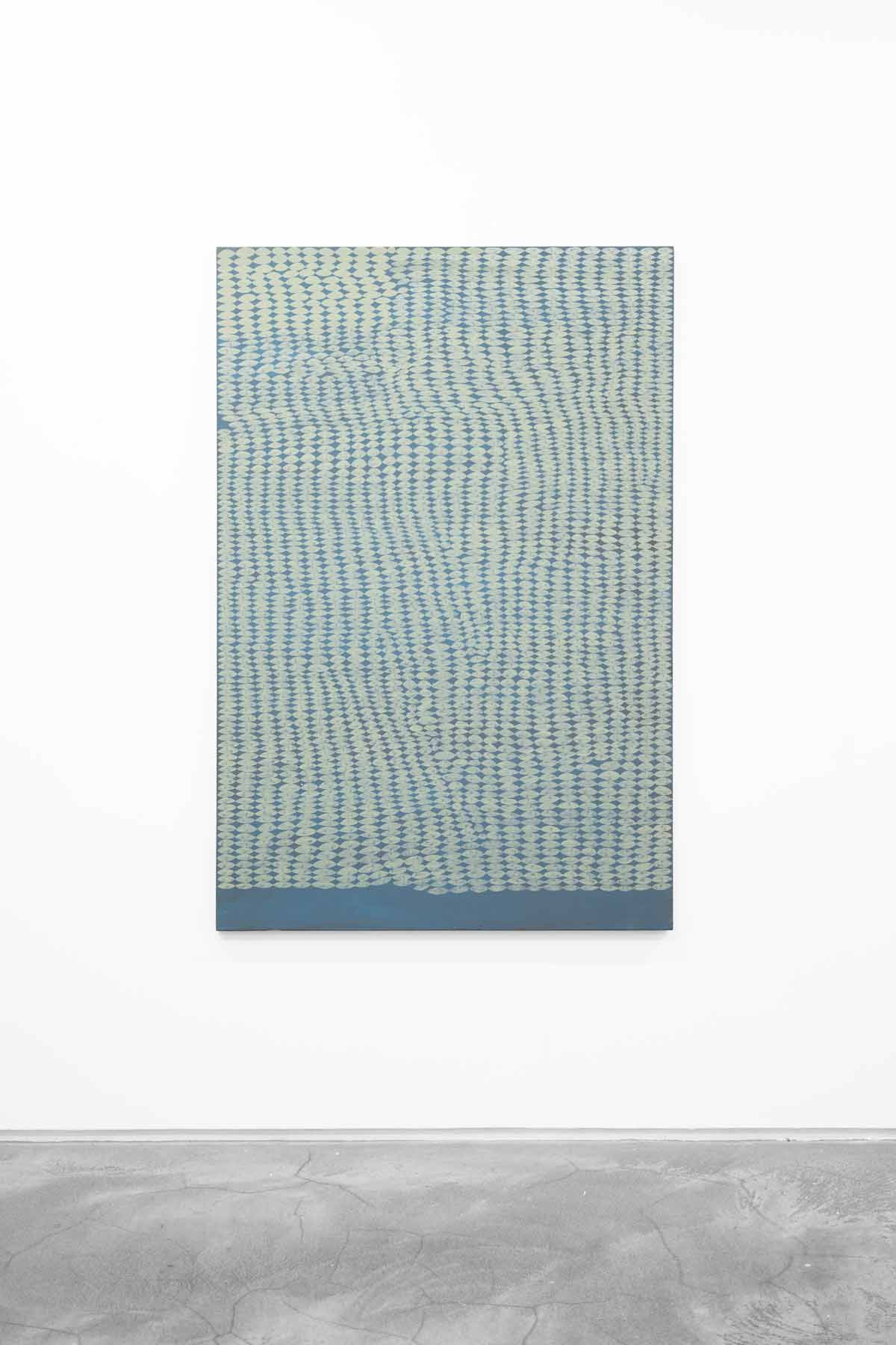 Abstract painting with a dark blue background and light blue pattern.