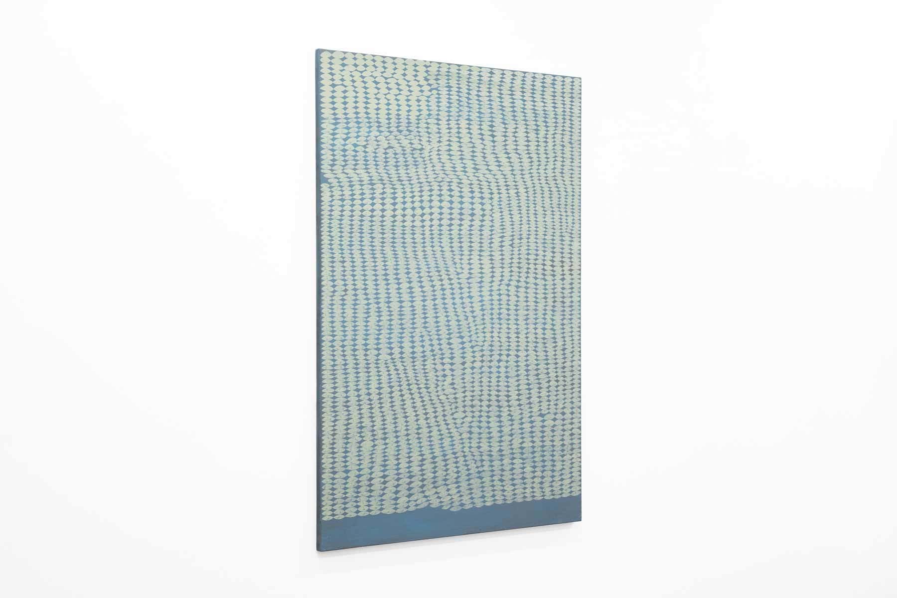 Abstract painting with a dark blue background and light blue pattern.
