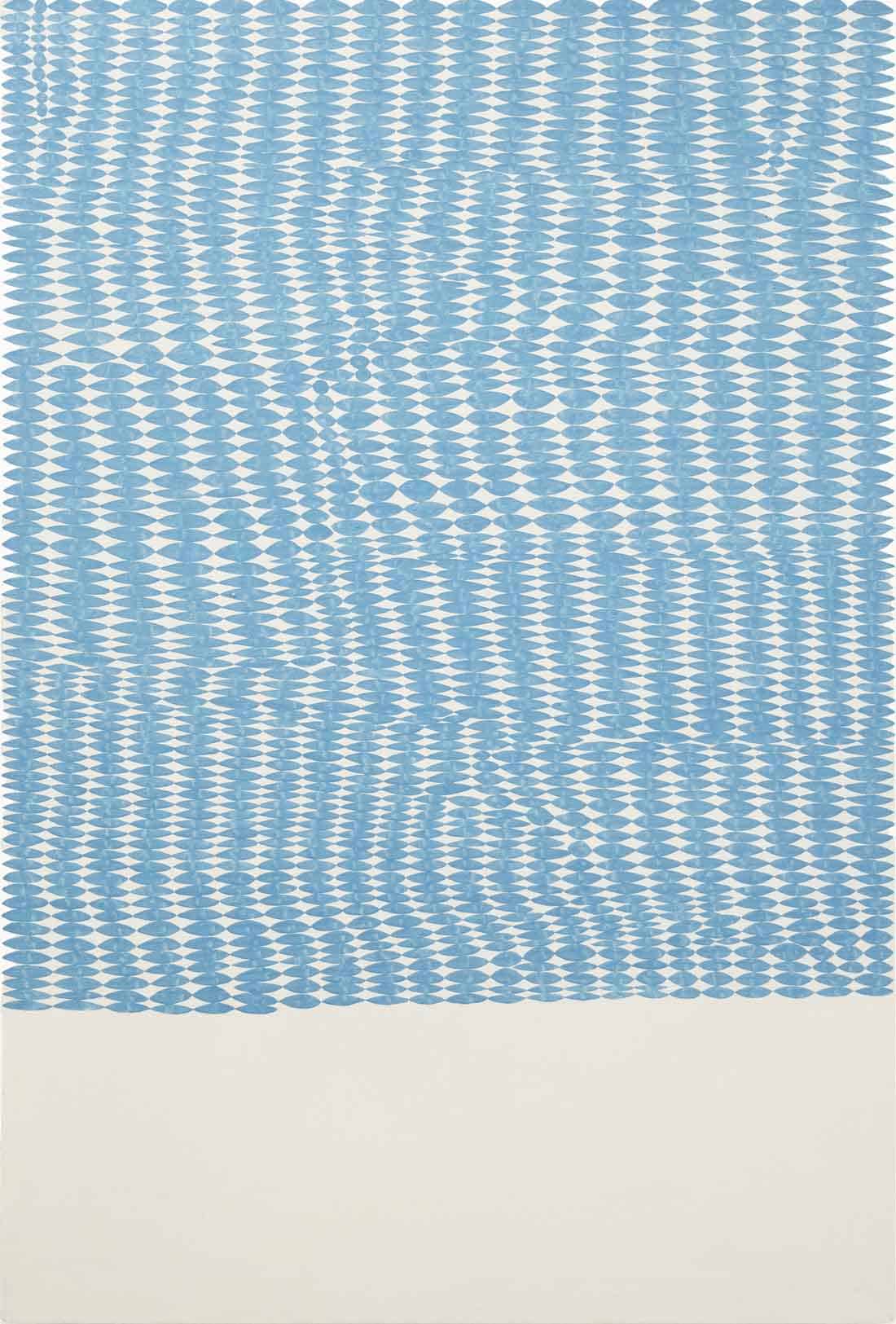 Abstract painting with a cream background and blue pattern.