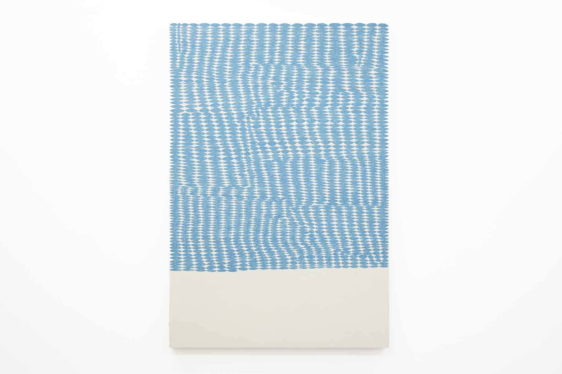 Abstract painting with a cream background and blue pattern.