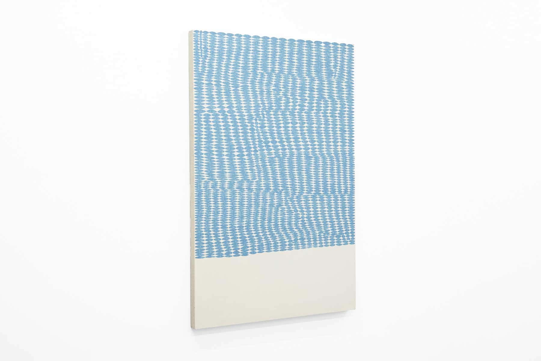 Abstract painting with a cream background and blue pattern.